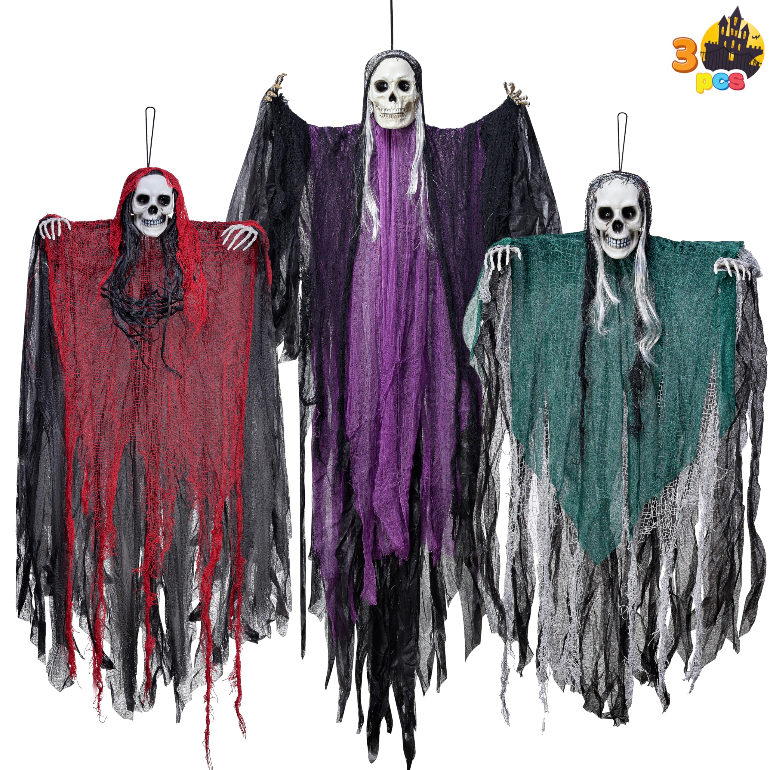 JOYIN 3 Pcs Halloween Decorations Outdoor Hanging Grim Reaper, Halloween Skeleton Ghosts Purple 53”, Red and Green 31.5" Graveyard Decor for Yard Patio Prop, Lawn Garden Party Supplies Décor