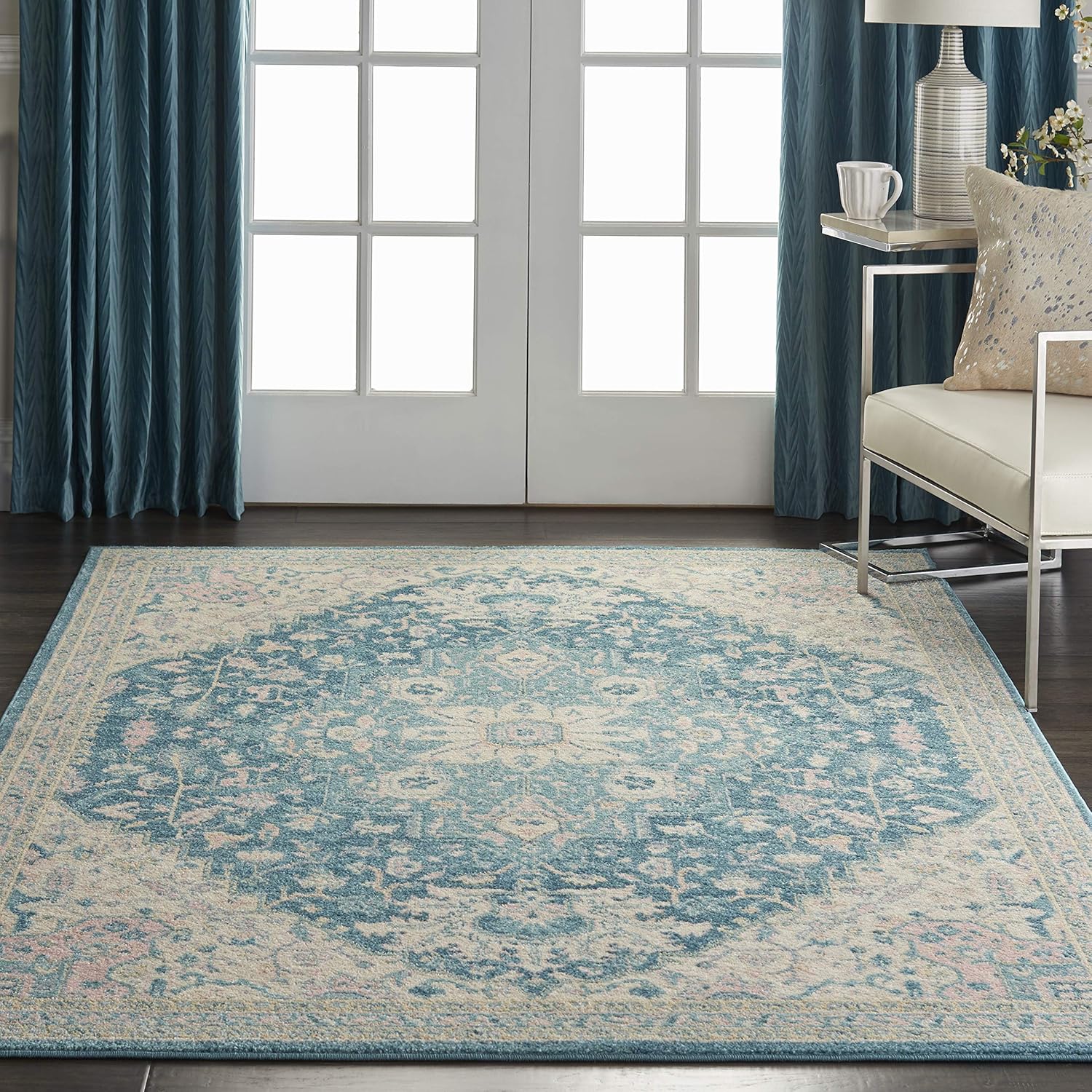 Nourison Home Tranquil Ivory/Turquoise 5'3" x 7'3" Area Rug - Easy Clean, Non Shedding, Bed Room, Living Room, Dining Room, Kitchen (5' x 7')