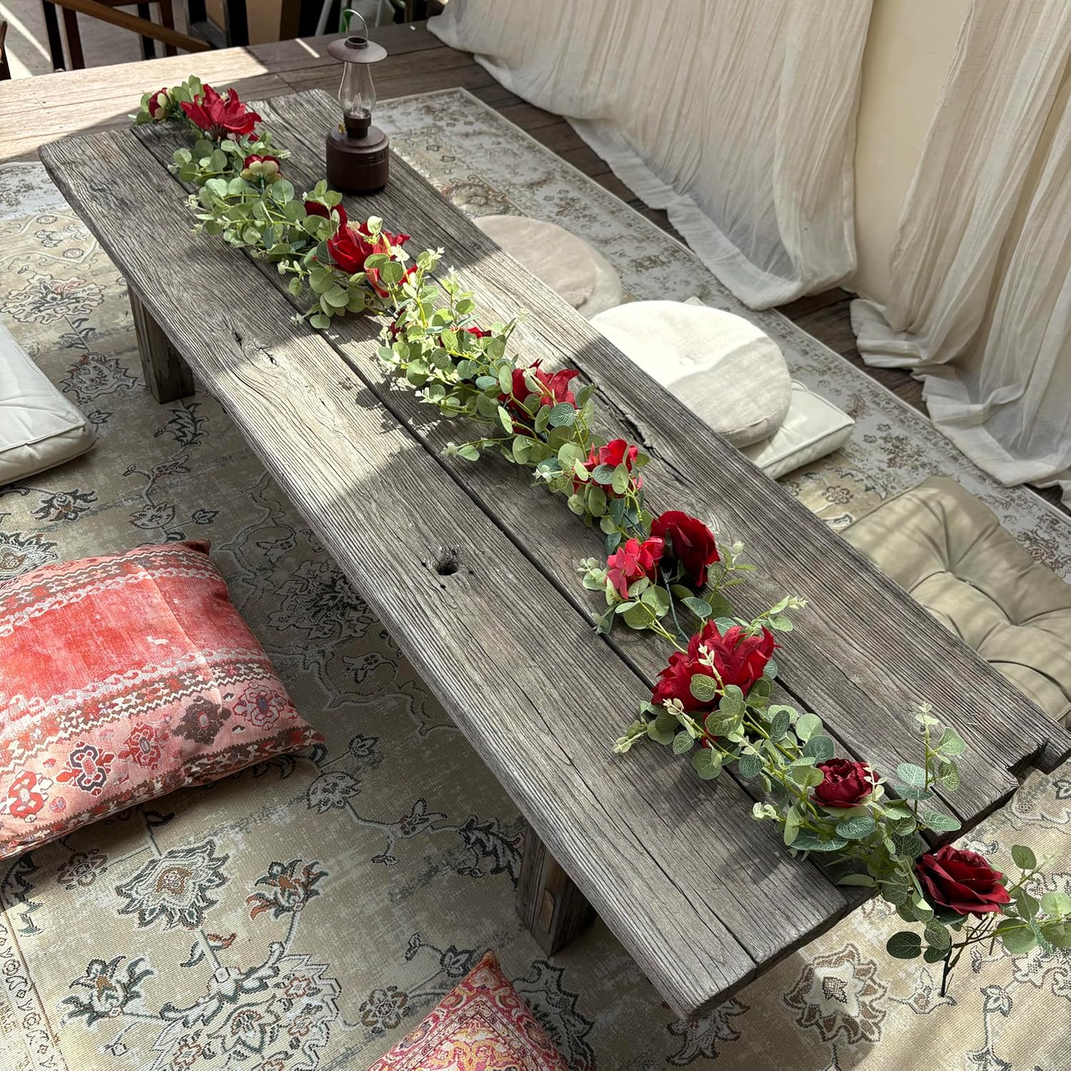 Artificial Flower Garland，6.5Ft Fake Dahlia Rose Floral Eucalyptus Greenery Garland Vine for Wedding Arch，Table Runner Centerpieces Backdrop Room Wall Hanging Plant Decor（Burgundy）