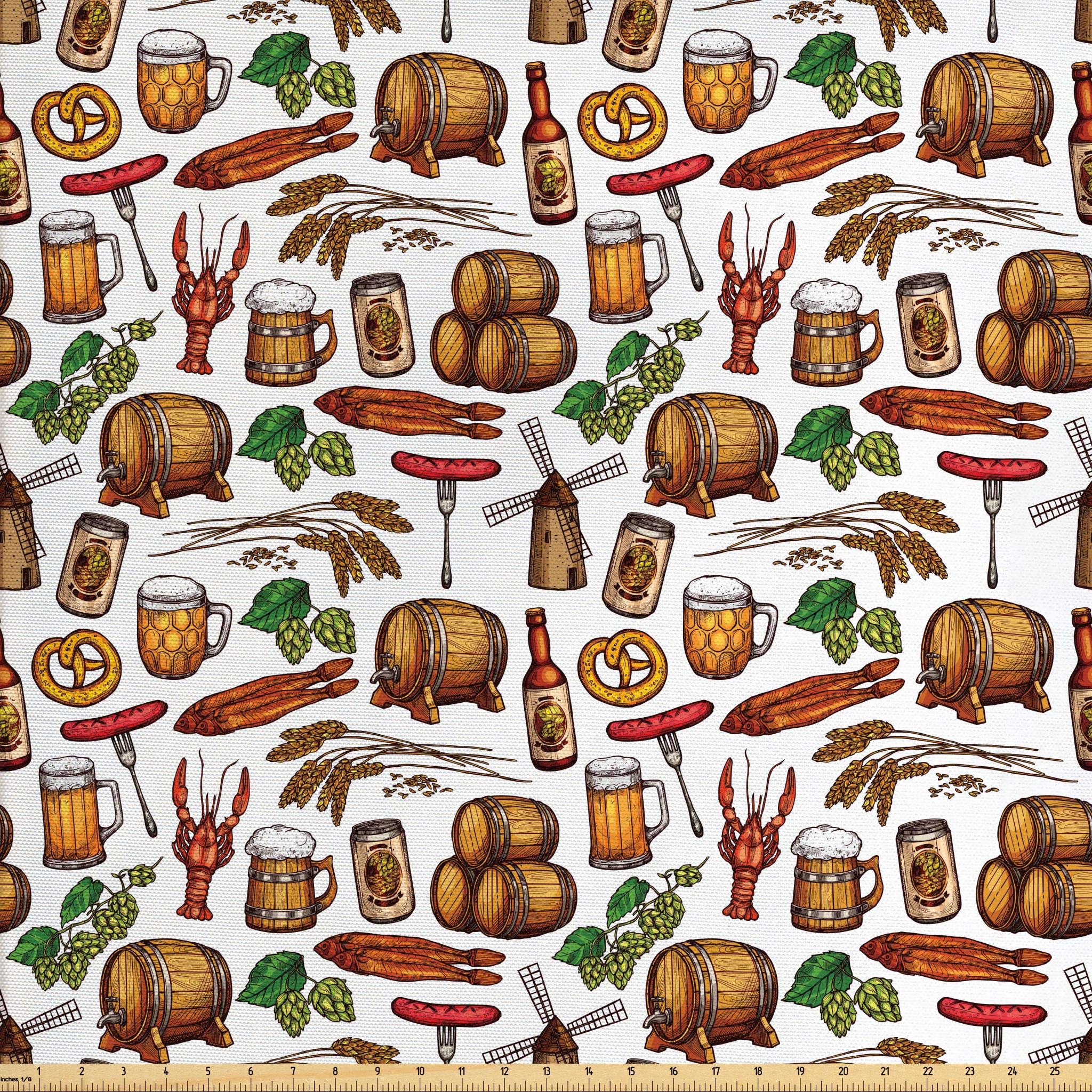 Ambesonne Oktoberfest Fabric by The Yard, Beer Making Elements Hops Wheat Pretzels Lobster Festival Menu Country Theme, Decorative Fabric for Upholstery and Home Accents, 3 Yards, Multicolor