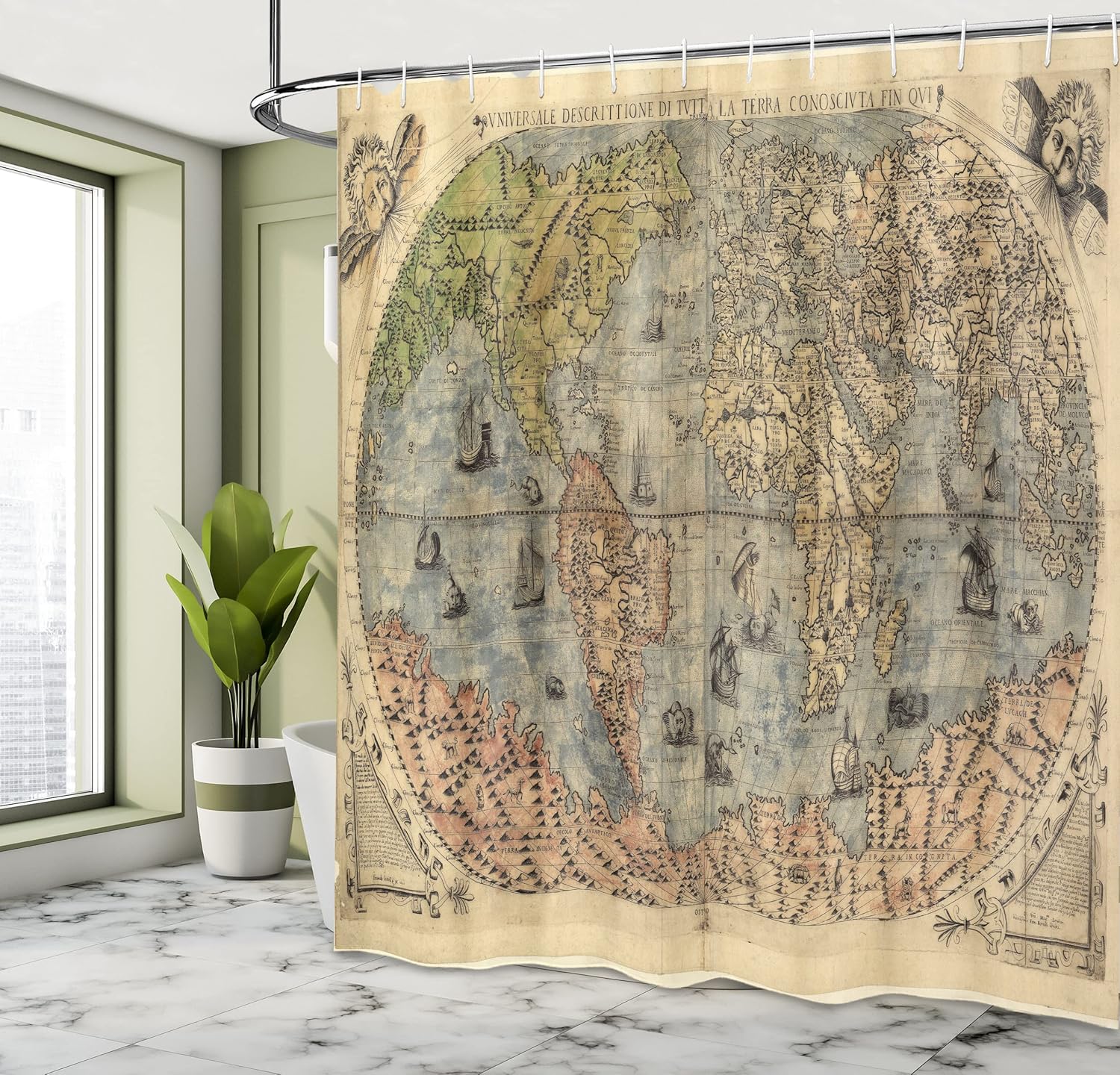 Lunarable Antique Shower Curtain, Map of World Global History Stained Paper Oceans Lands Vintage Atlas, Cloth Fabric Bathroom Decor Set with Hooks, 105" Extra Wide, Cream Green