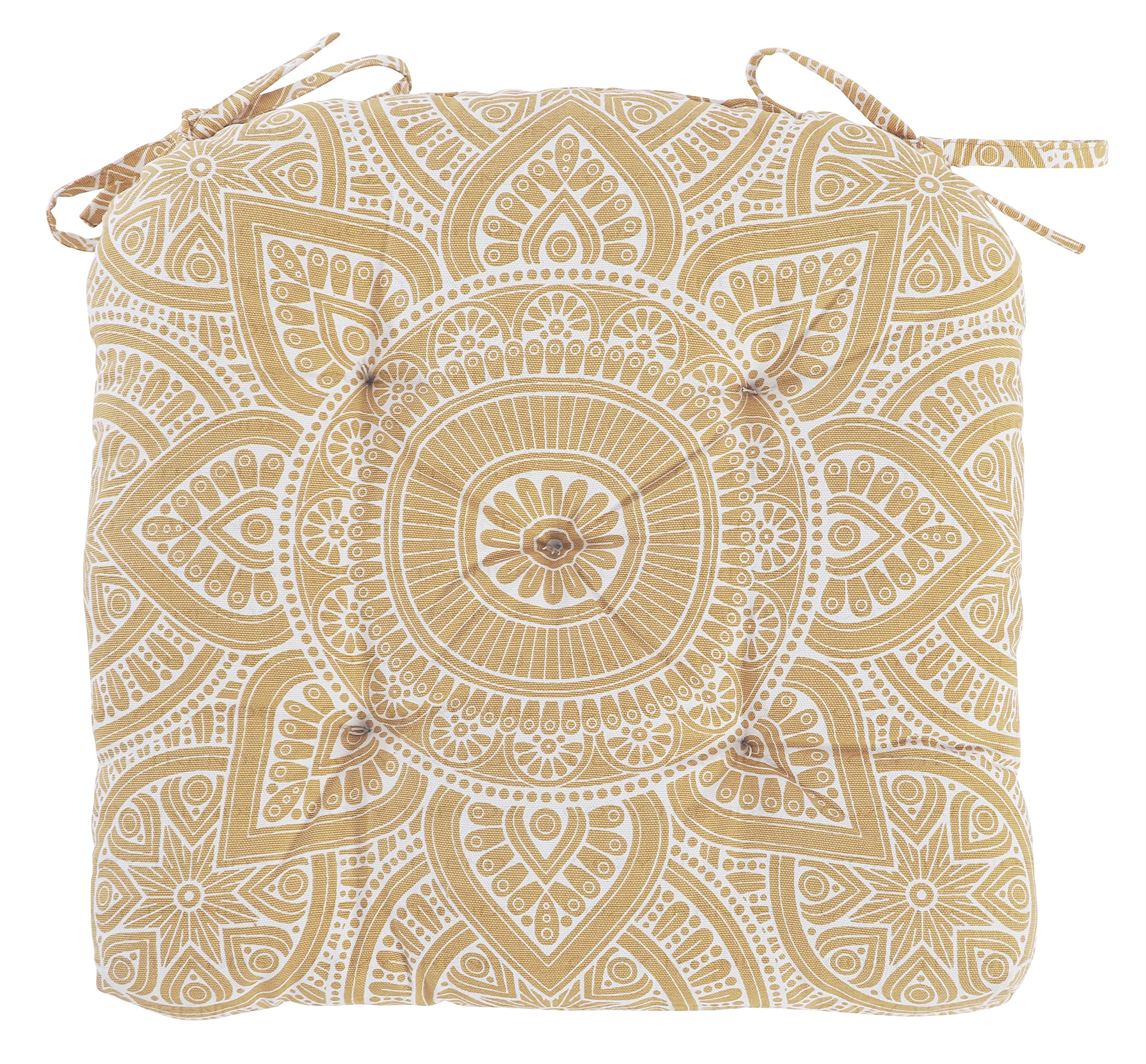 Handmade Cotton Chair Pads Cushions Seat Pad with Ties 16''x16'' for Dinning Kitchen Living Room Chairs Office Chair Bench Thick Reversible Damask Design U Shape (Set of 2) (Mandala Beige)