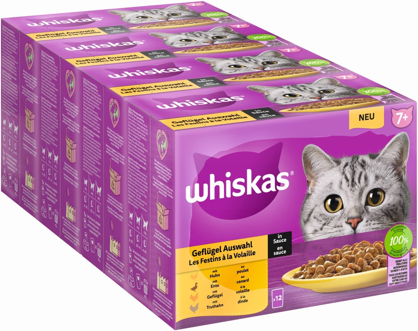 Whiskas 7+ Poultry Cat Food in Sauce, 12 x 85g (4 Pack) - Wet Food Ages 7 in 48 Portion Bags