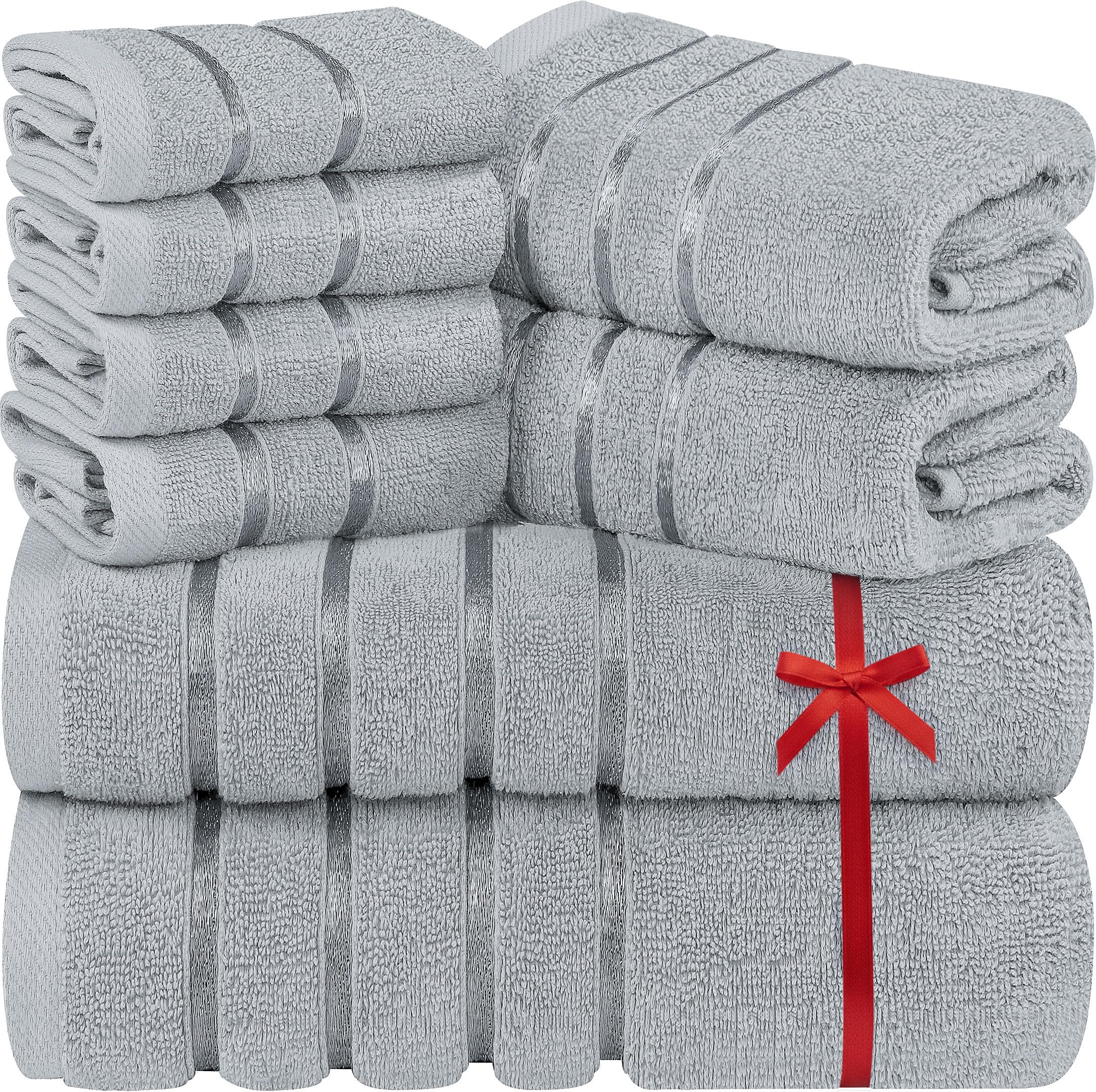 8-Piece Luxury Towel Set, 2 Bath Towels, 2 Hand Towels, and 4 Wash Cloths, 500 GSM, 97% Ring Spun Cotton Highly Absorbent Viscose Stripe Towels Ideal for Everyday use (Cool Grey)