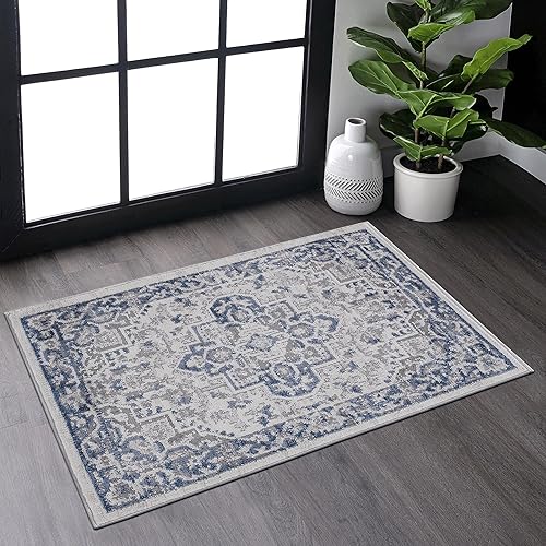 NAAR Alfombra decorativa de interior de 5 x 7 pies, color azulgrisoriental, no desprende pelusa, alfombra tradicional vintage suave para sala de