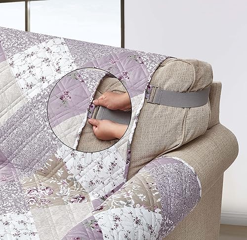 Miniatura 4 de Brilliant Sunshine Funda de sofá de retazos rosa lila y beige, funda acolchada para sofá grande, 70 pulgadas de ancho de asiento, protector de