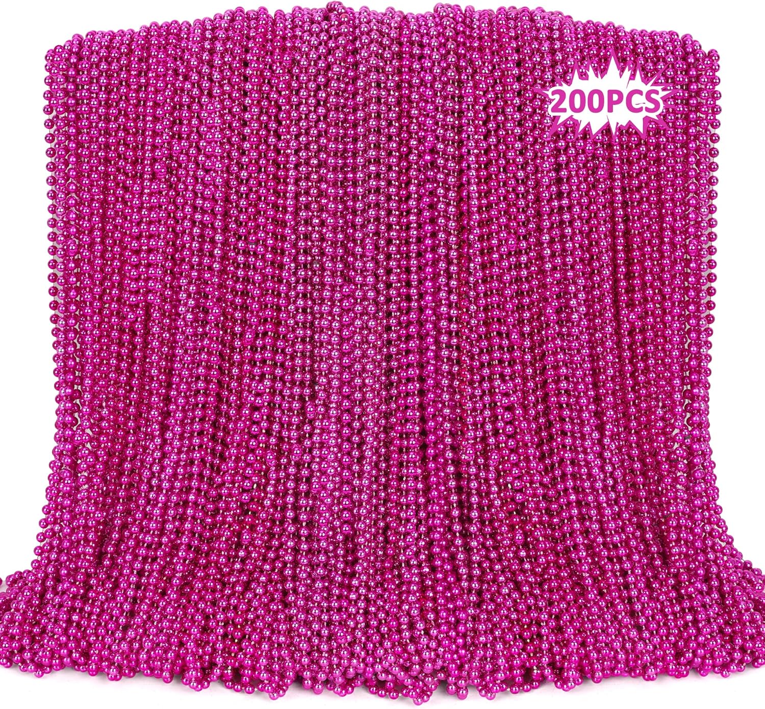 200PCS Mardi Gras Beads, Metallic Breast Cancer Awareness Bead Necklace Party Favors, 33" Hot Pink Mardi Gras Necklace Stuff, Festival Parade Throw Accessories for Wedding Birthday Celebrations Decor