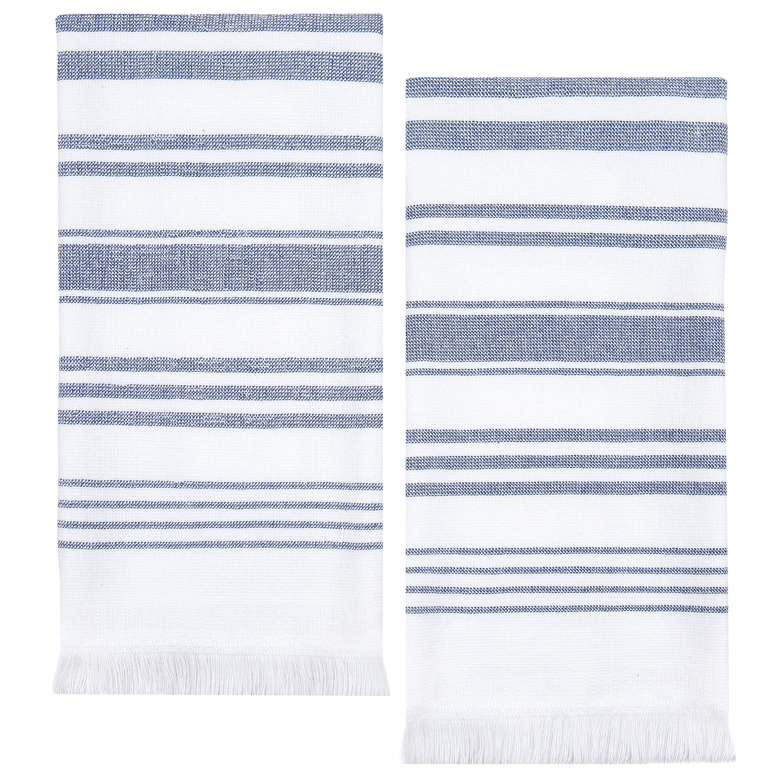 Sticky Toffee Hand Towels for Bathroom Set of 2 – 28x16 in White and Navy Blue Striped Turkish Towels, Soft and Absorbent Decorative 100% Cotton Bath