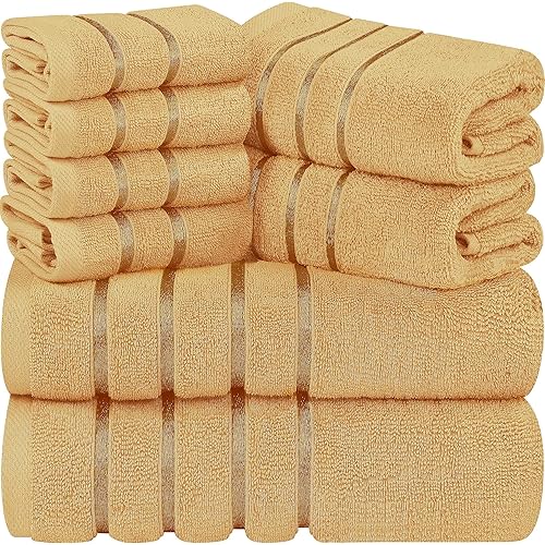 Utopia Towels 8 Piece Luxury Towel Set, 2 Bath, 2 Hand, and 4 Wash Cloths, 600 GSM Ring Spun Cotton, Highly Absorbent Viscose Stripe Towels, Ideal for Everyday use, Beige