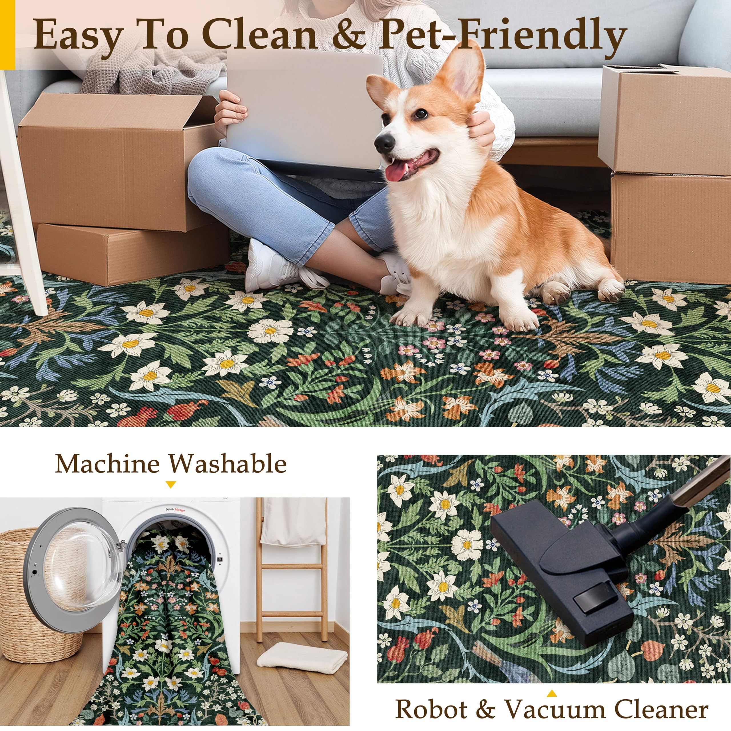 PureCozy Alfombra Salón 240x300cm Floral Pelo Corto Antideslizante Suave Retro Lavable Alfombras para Cocina Pasillo Pie de Cama Dormitorio Salón Verde Rug