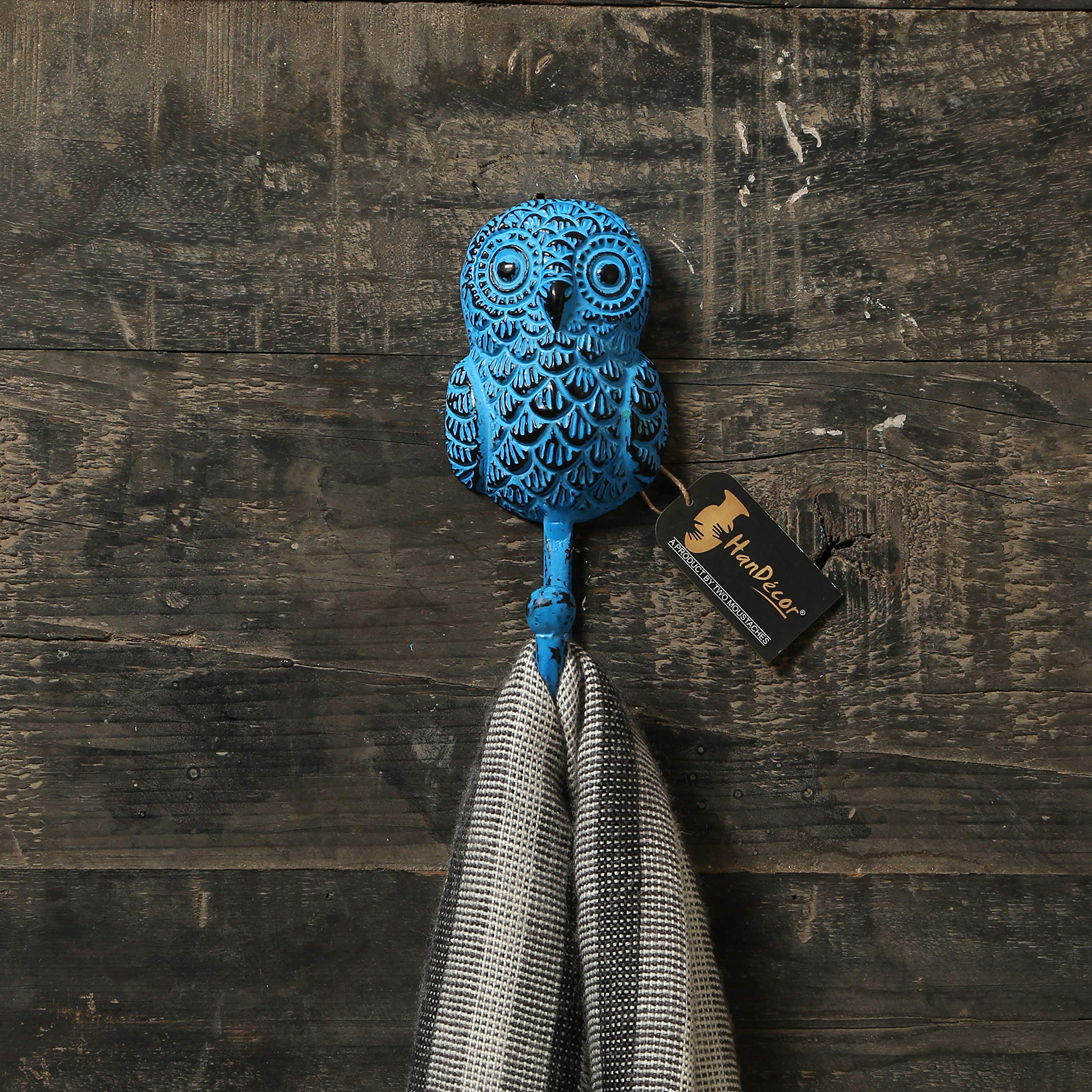 Two Moustaches Rustic Owl Design Key Hook - Rustic Blue