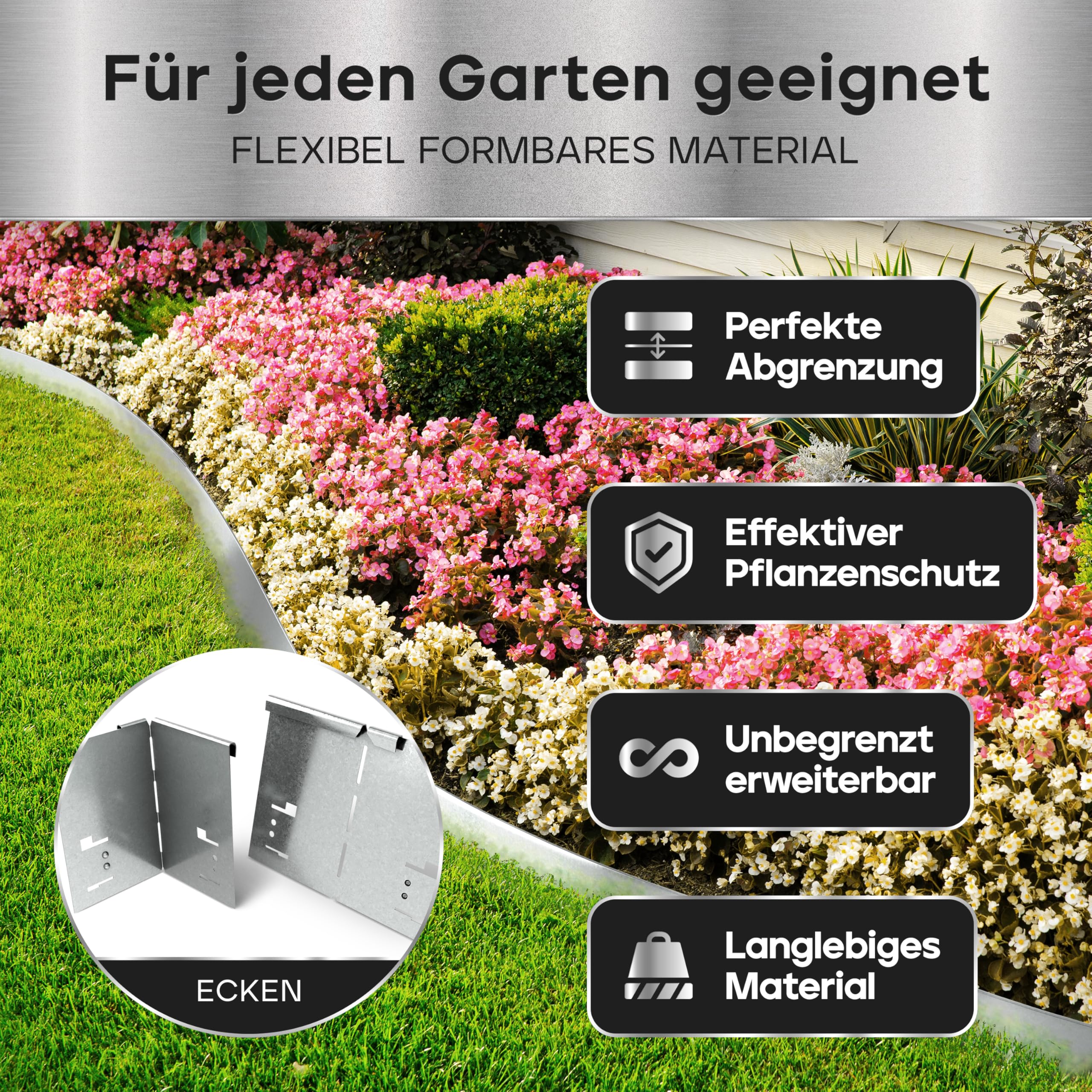 Rasenkante Metall - 11,40m Verlegelänge - Garten Metallbeeteinfassung 18,5cm hoch - Stabile Metallbeetbegrenzung feuerverzinkt - 10er Set Metallrasenkante je 1,2m Länge - Verformbar & Ultraleicht
