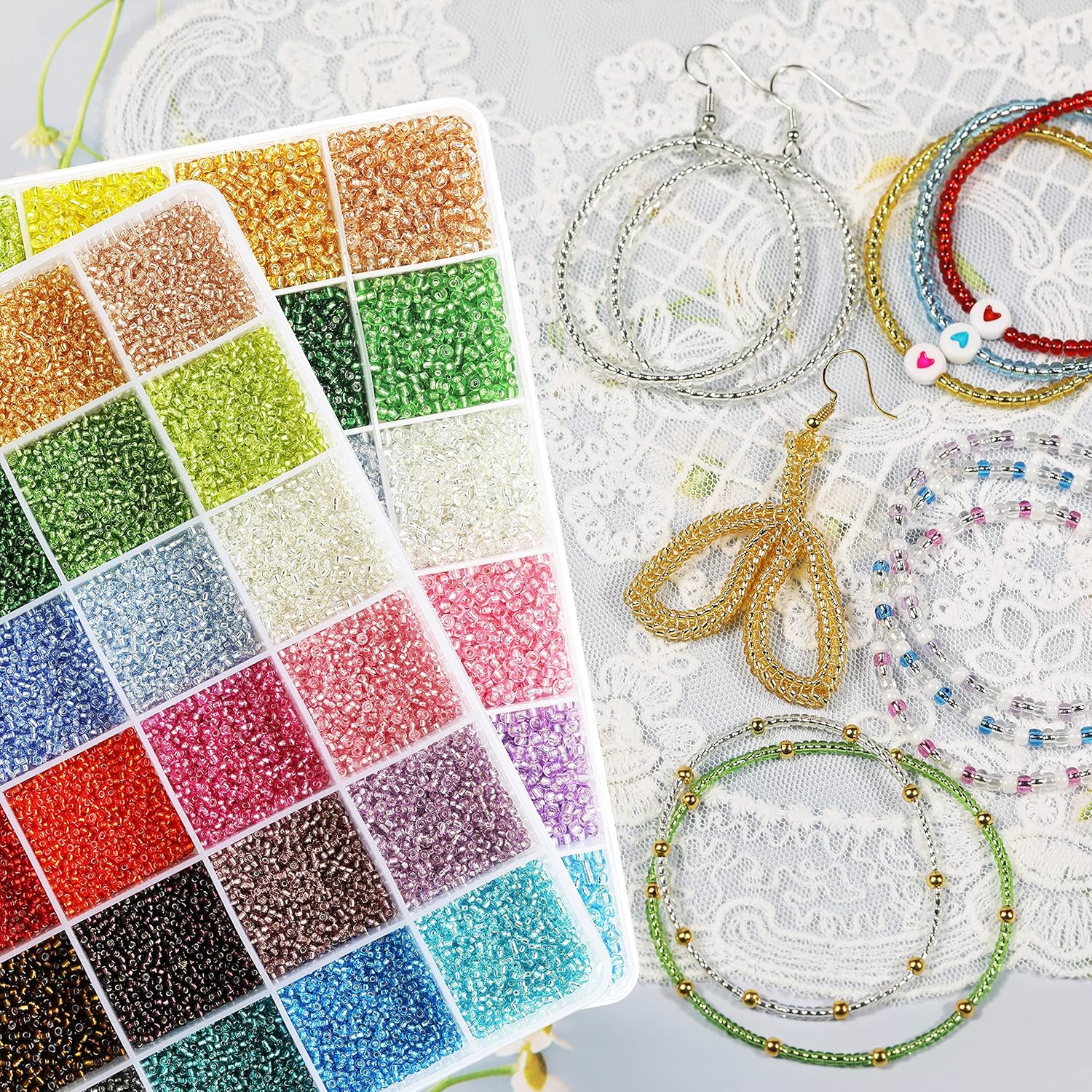 2mm Sliver Lined Glass Seed Beads About 24000pcs in Storage Box,12/0 Small Craft Seed Beads for Jewelry Making (1000Pcs Per Color, 24 Colors) - Image 2