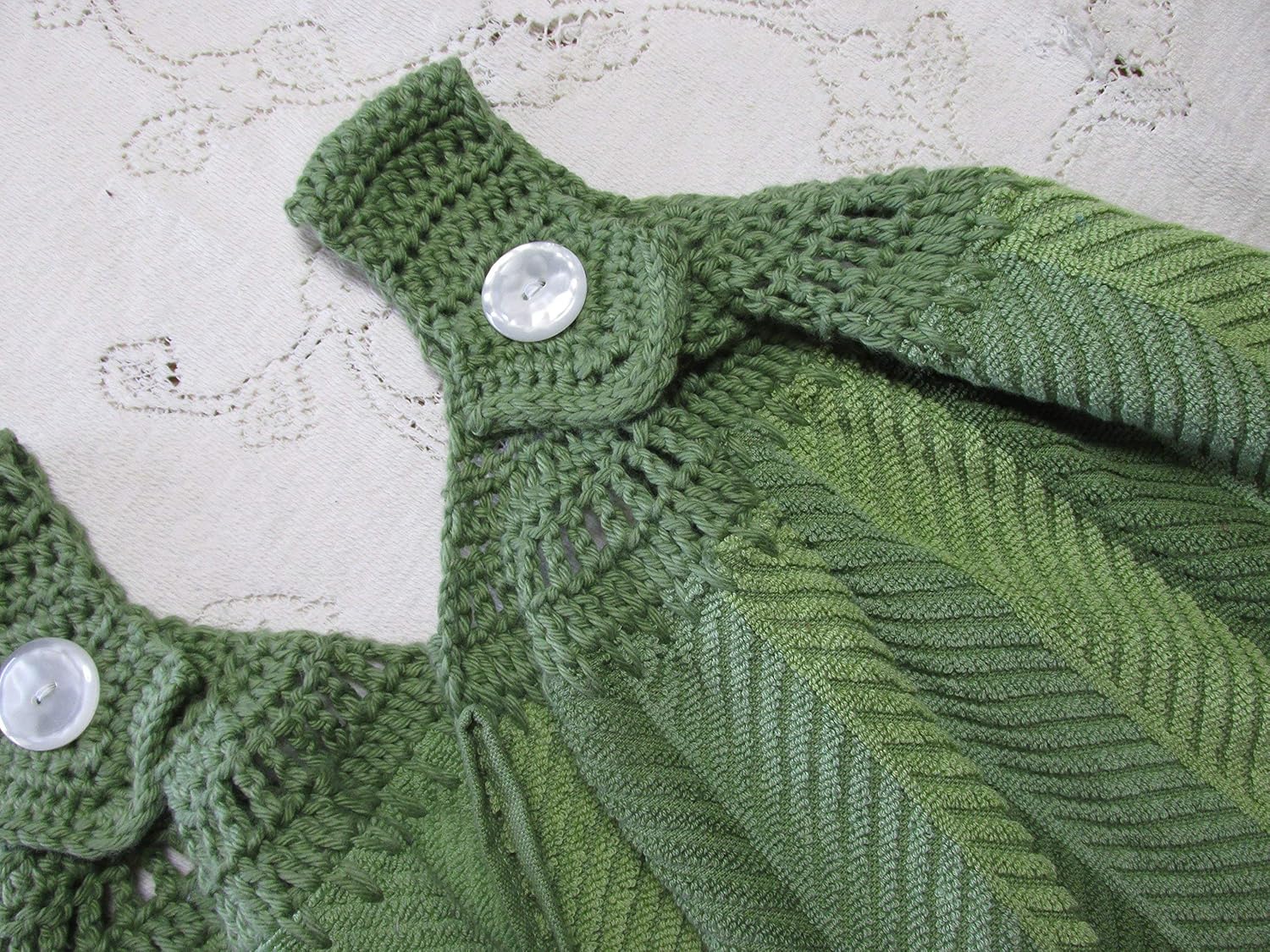 Set of 2 Green Doubled Chevron Design Hanging Kitchen Towels with Green Cotton Crochet Top