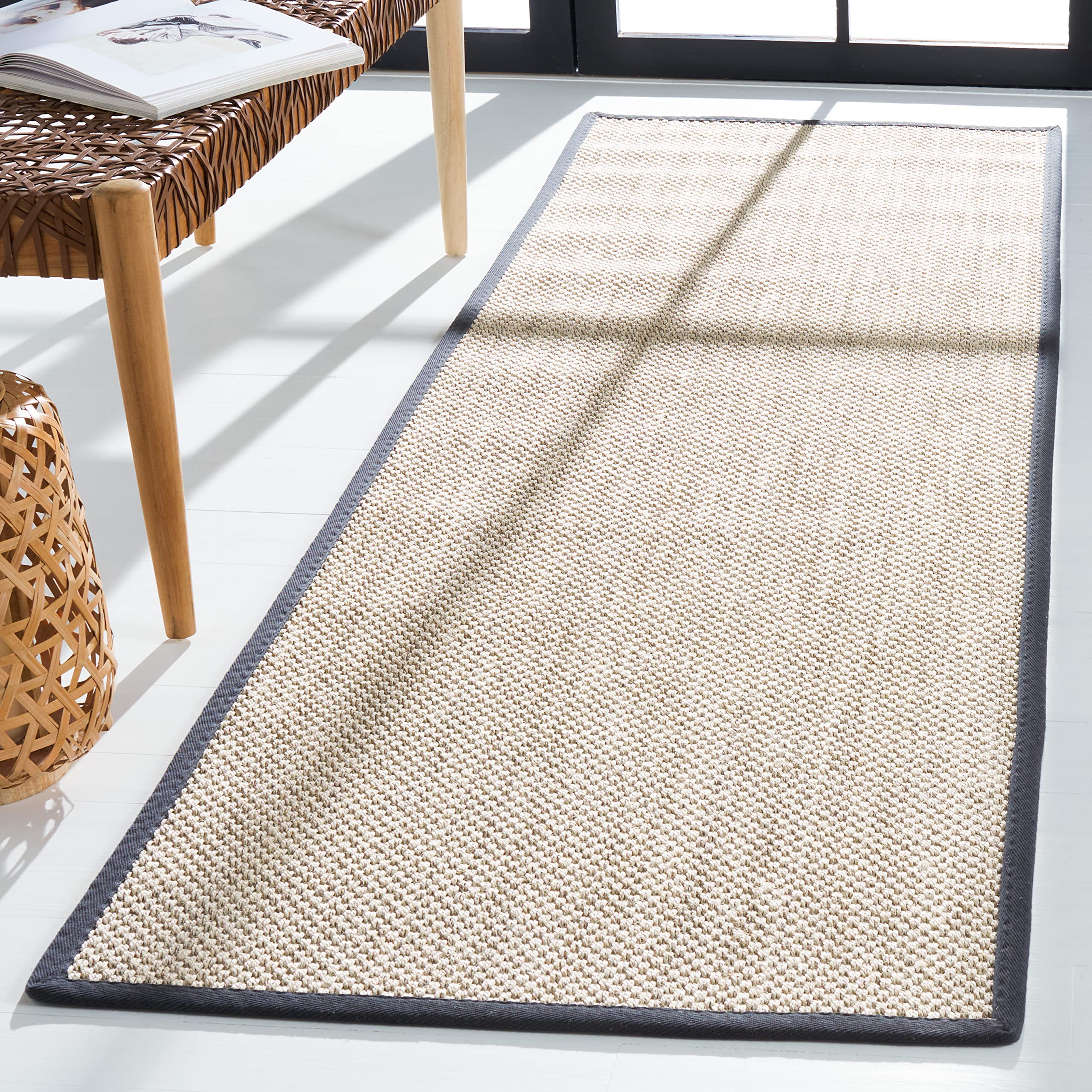 SAFAVIEH Natural Fiber Collection Runner Rug - 2'6" x 22', Marble & Dark Grey, Sisal, Woven Design with Border (NF143D)