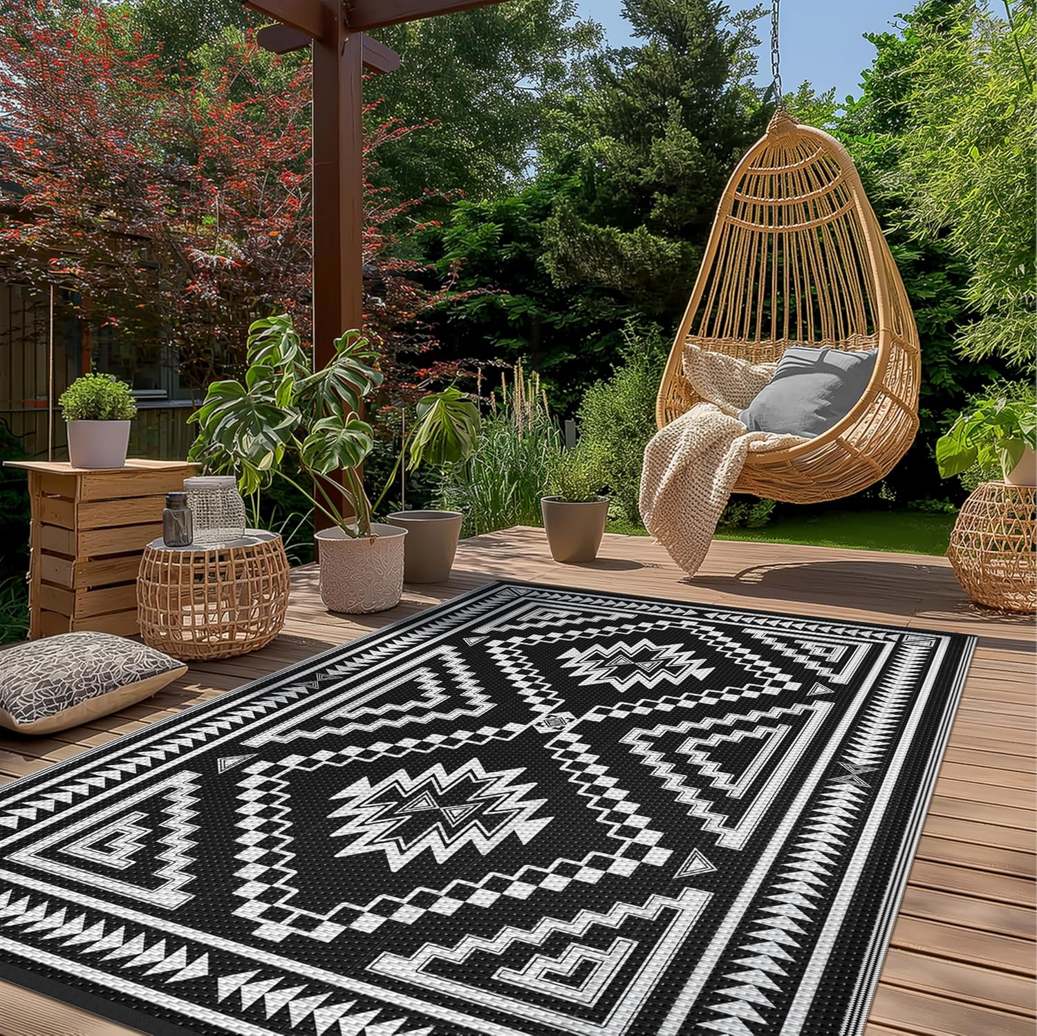 genimo outdoor rug for patio clearance - 6x9 ft waterproof plastic camping rugs, reversible outside rv mat carpet for porch, deck, picnic, balcony, beach, backyard, black white black & white aztec 6' x 9' (rectangular)