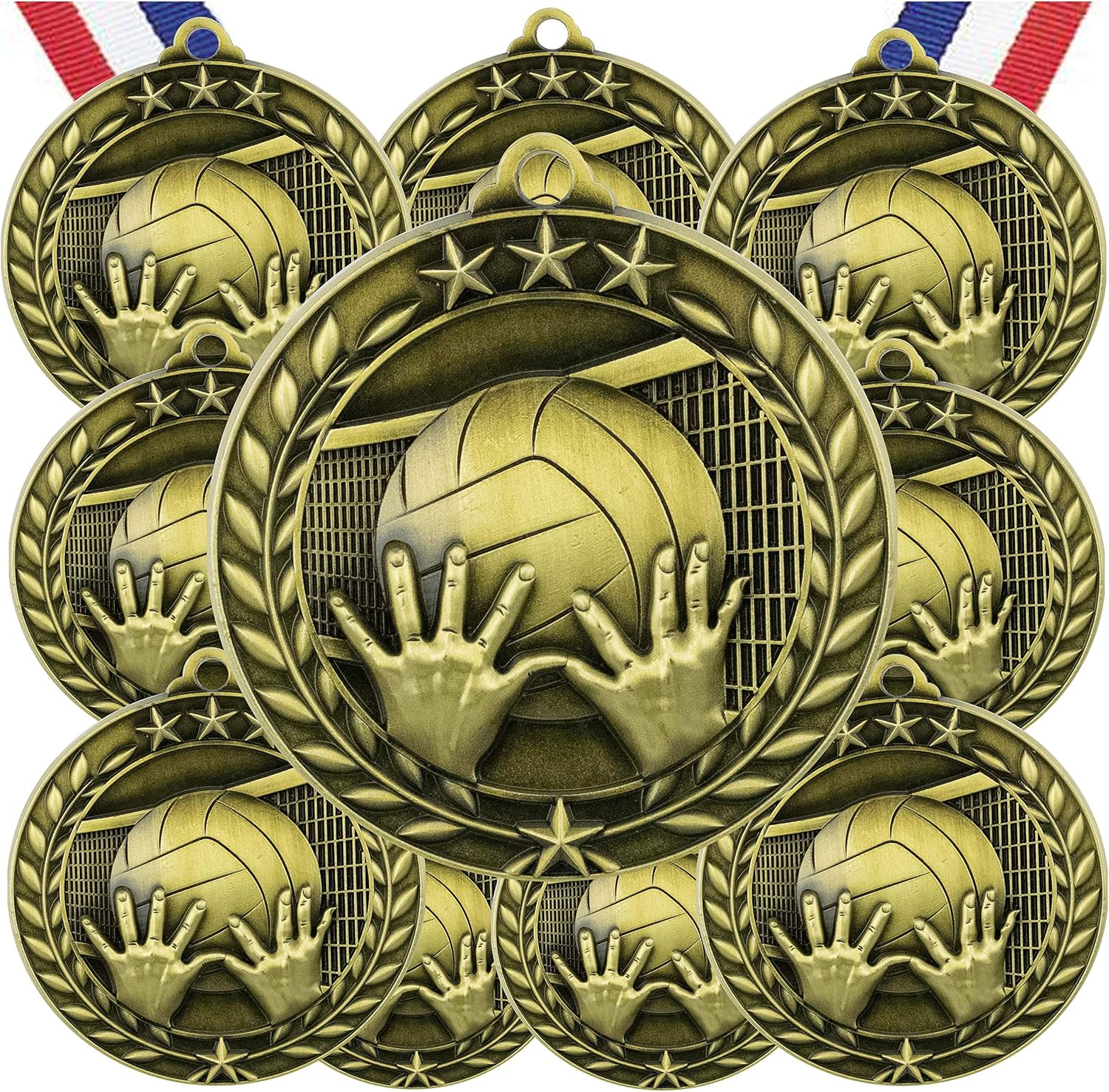 Pack of 10 (or More) 1.75 Inch Gold Volleball Award Medals Variations with or Without Engraving Personalization Engraved Custom Text Names