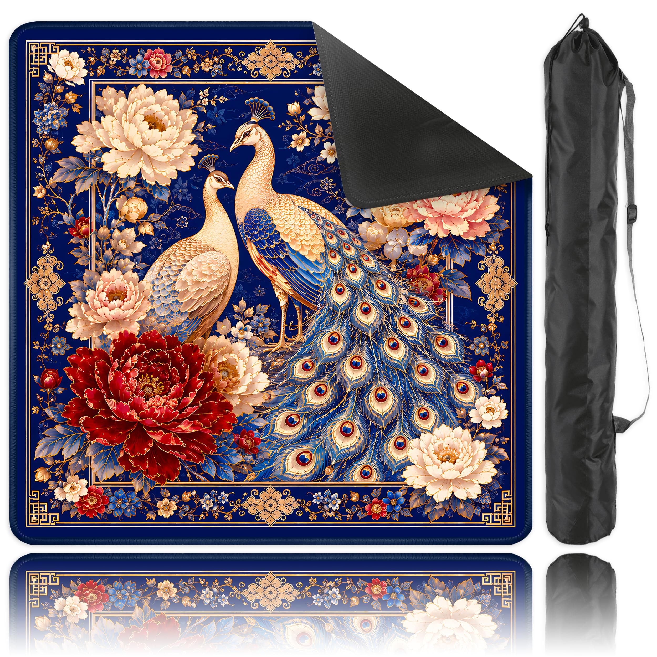 SODAVA Peacok Tapis de Mahjong, Chinoiserie Housse de Table de Jeu de Jardin avec Sac de Transport 80cm x 80cm Caoutchouc Anti-dérapant Réduction du Bruit pour Mahjong, Carte, Dominos, Jeux de Société