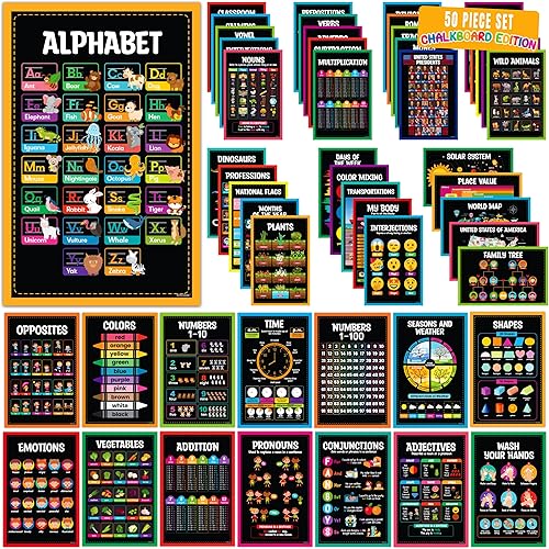 Decorably 50 pósteres preescolares de pizarra para niños pequeños, 11 x 17 pulgadas, laminados mate, carteles de aprendizaje educativo para jardín