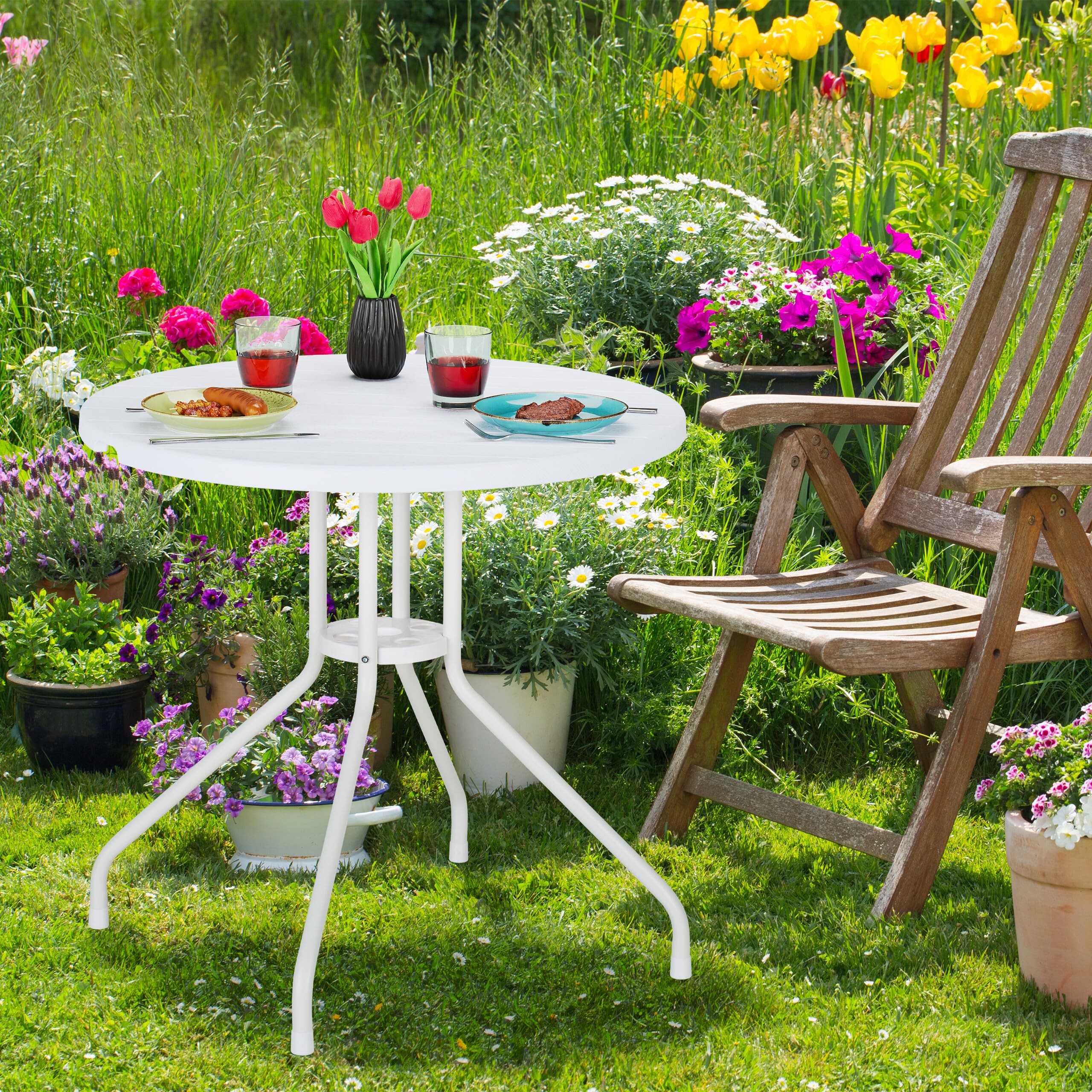 Relaxdays Tavolo Rotondo da Giardino, Tavolino da Balcone HLP: 74 x 80 cm, Arredo Esterno Effetto Legno, Bianco