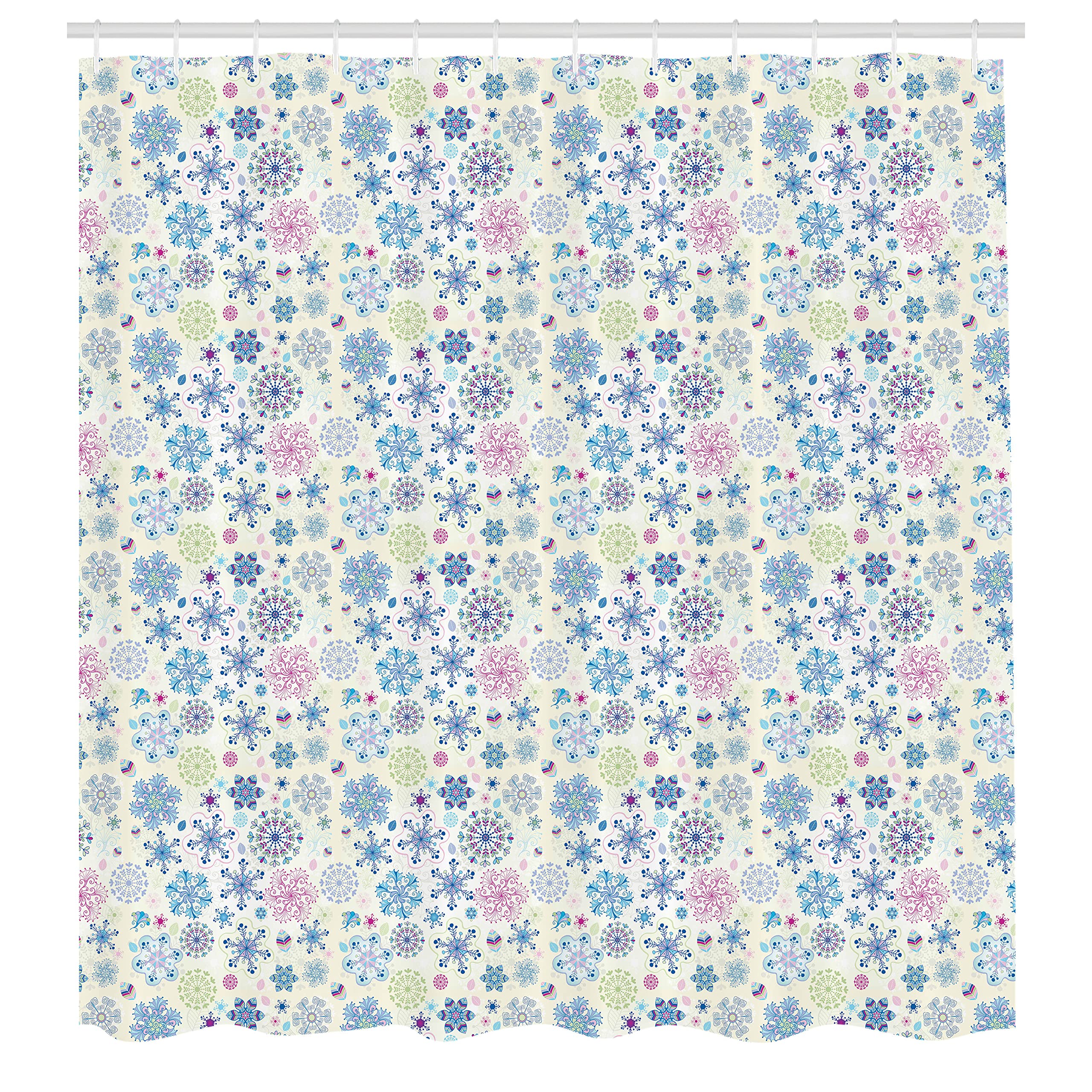 Ambesonne Snowflake Shower Curtain, Christmas Themed Abstract Winter Season Motifs and Leaves Colorful Composition, Cloth Fabric Bathroom Decor Set with Hooks, 69