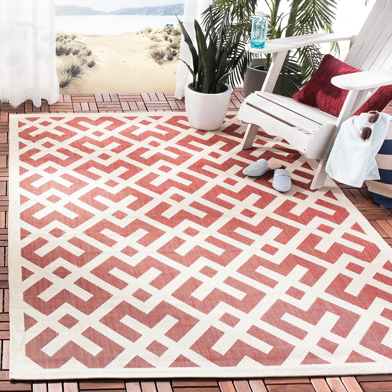 SAFAVIEH Washable Rug Outdoor Courtyard Collection - 5'3" Square, Red & Bone, Non-Shedding & Easy Cleaning, Ideal for Patio, Backyard, Mudroom (CY6915-238)