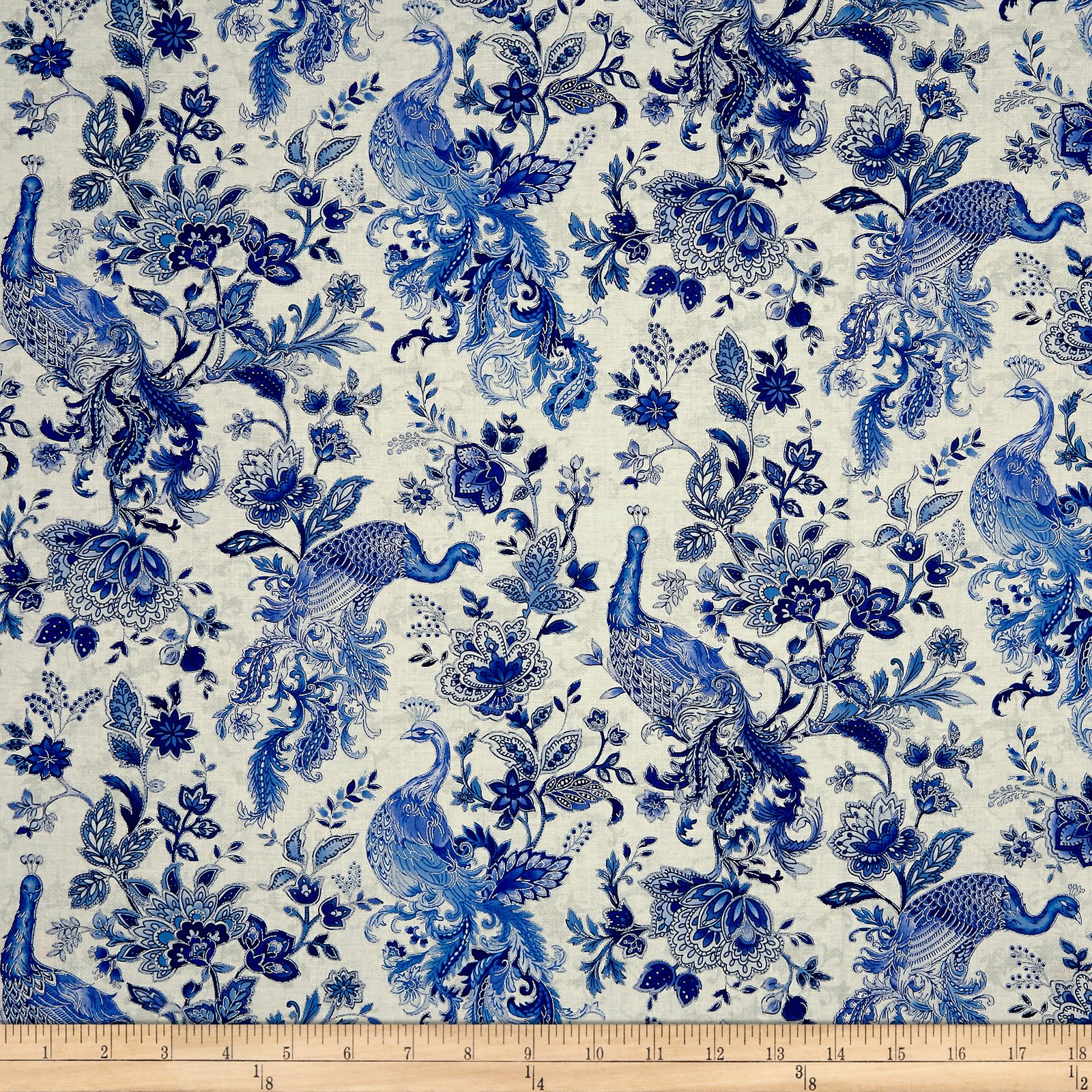 Oasis Fabrics 0567258 Metallic Etched Peacocks & Paisleys White/Blue Fabric by The Yard