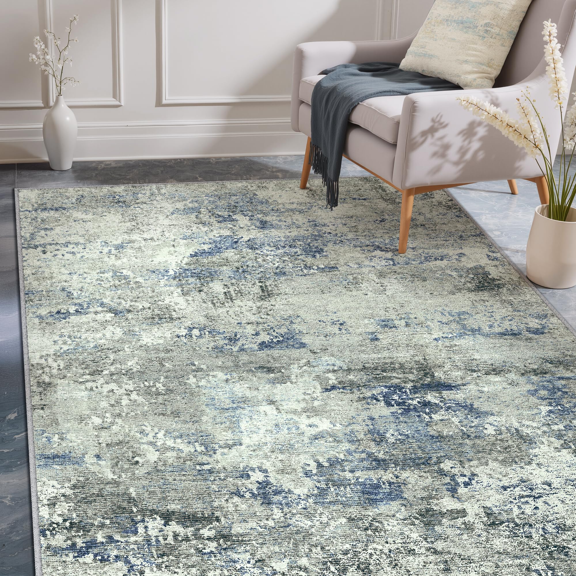 PureCozy 3x5 Area Rugs for Living Room Blue Grey Non Slip Washable Neutral Modern Abstract Indoor Rug Thin Soft Throw Low Pile Kitchen Carpet for