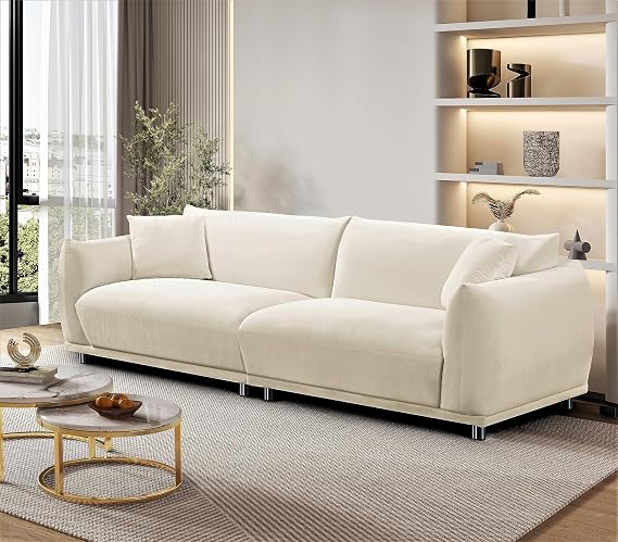 Container Furniture Direct Stylish and Luxurious Velvet Sofa with Modern Corner Design, Living Room Furniture with Minimalist Vibes, Two Accent Pillows Included, Cream White