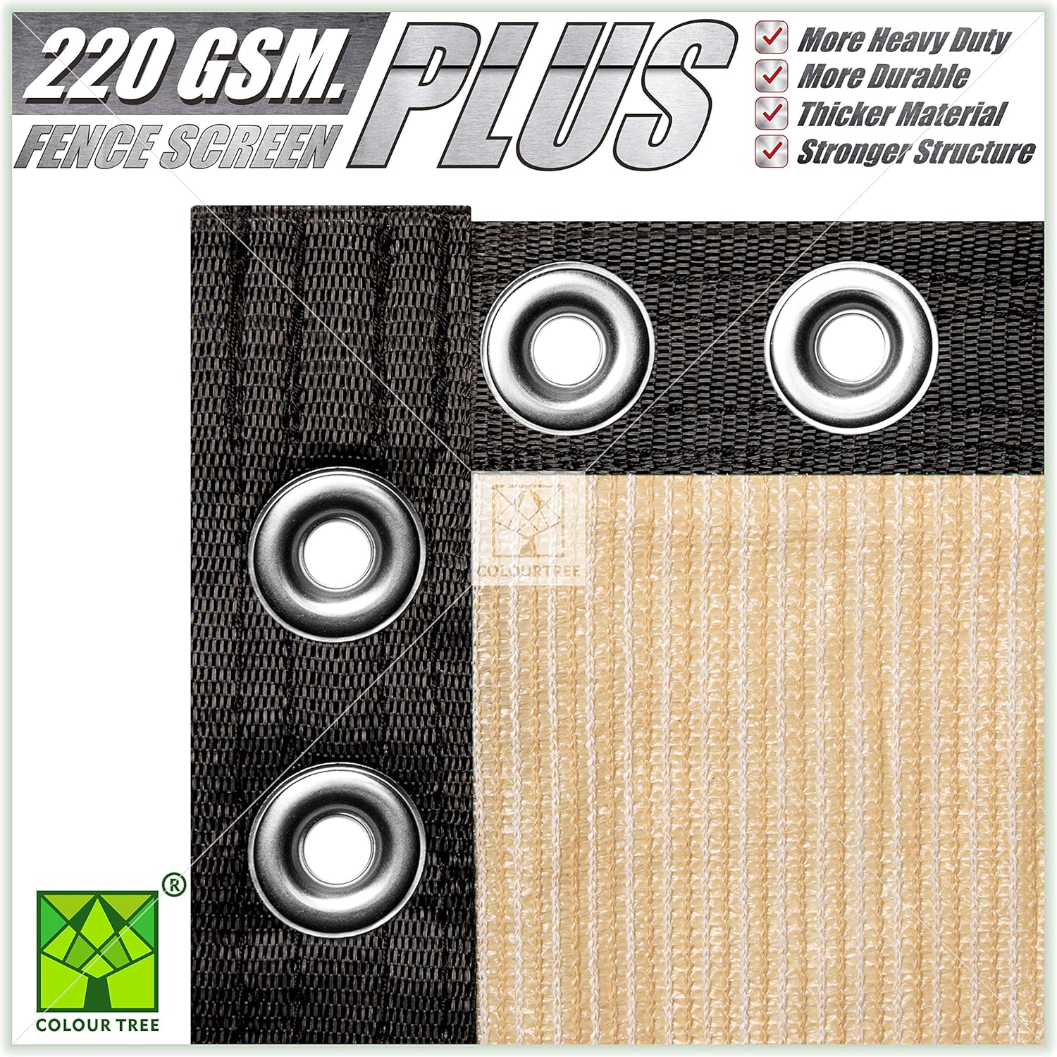 ColourTree Plus Extra Heavy Duty Fence Privacy Screen Mesh Cover - Commercial Grade 220 GSM - Heavy Duty - 3 Years Warranty (5' x 50', Beige)