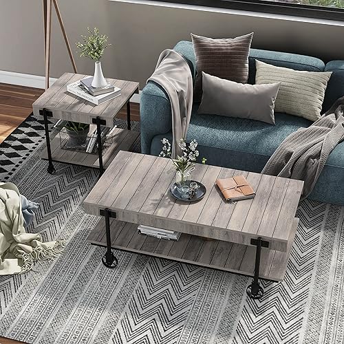 Miniatura 35 de Furniture of America Cleon Industrial - Juego de mesa de sofá y mesa de sofá con ruedas para sala de estar, color negro y roble rústico (3 piezas)