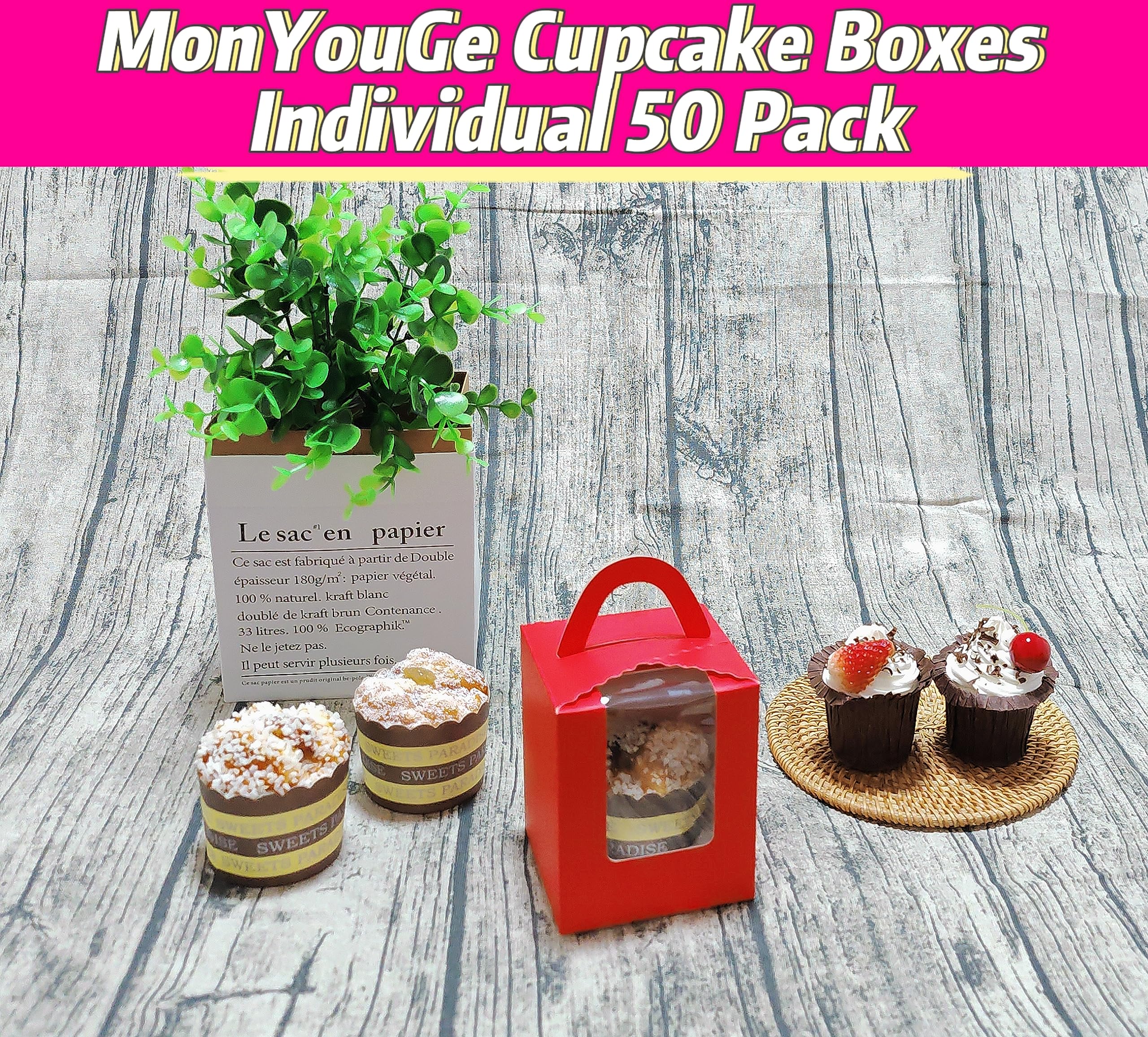 MonYouGe 50-Set Individual Cupcake Boxes Bulk with Clear Display Window, Disposable Food Grade Red Cupcake Carrier Cupcake Container, Perfect for Cupcakes Muffins Cookies Pastries