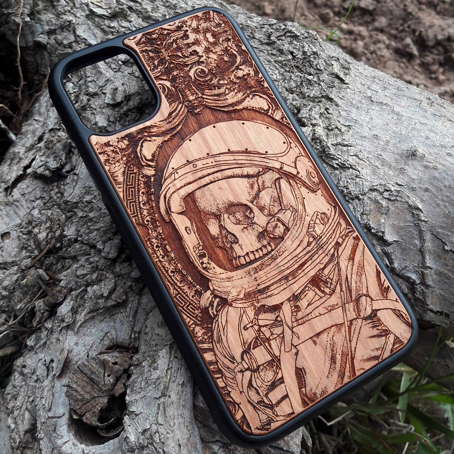 Astronaut Skull Laser Engraved Wood Case Fits iPhone 16, 15, 14, 13, 12, 11 Pro Max Mini & Galaxy S25, S24, S23, S22, S21, S20 Ultra Plus – Eco-Friendly, Slim, Durable Wooden Phone Cover