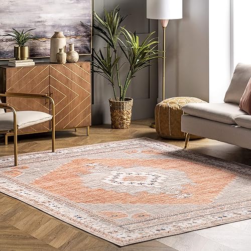 nuLOOM Alicia Machine Washable Medallion Area Rug, 5' x 8', Rust