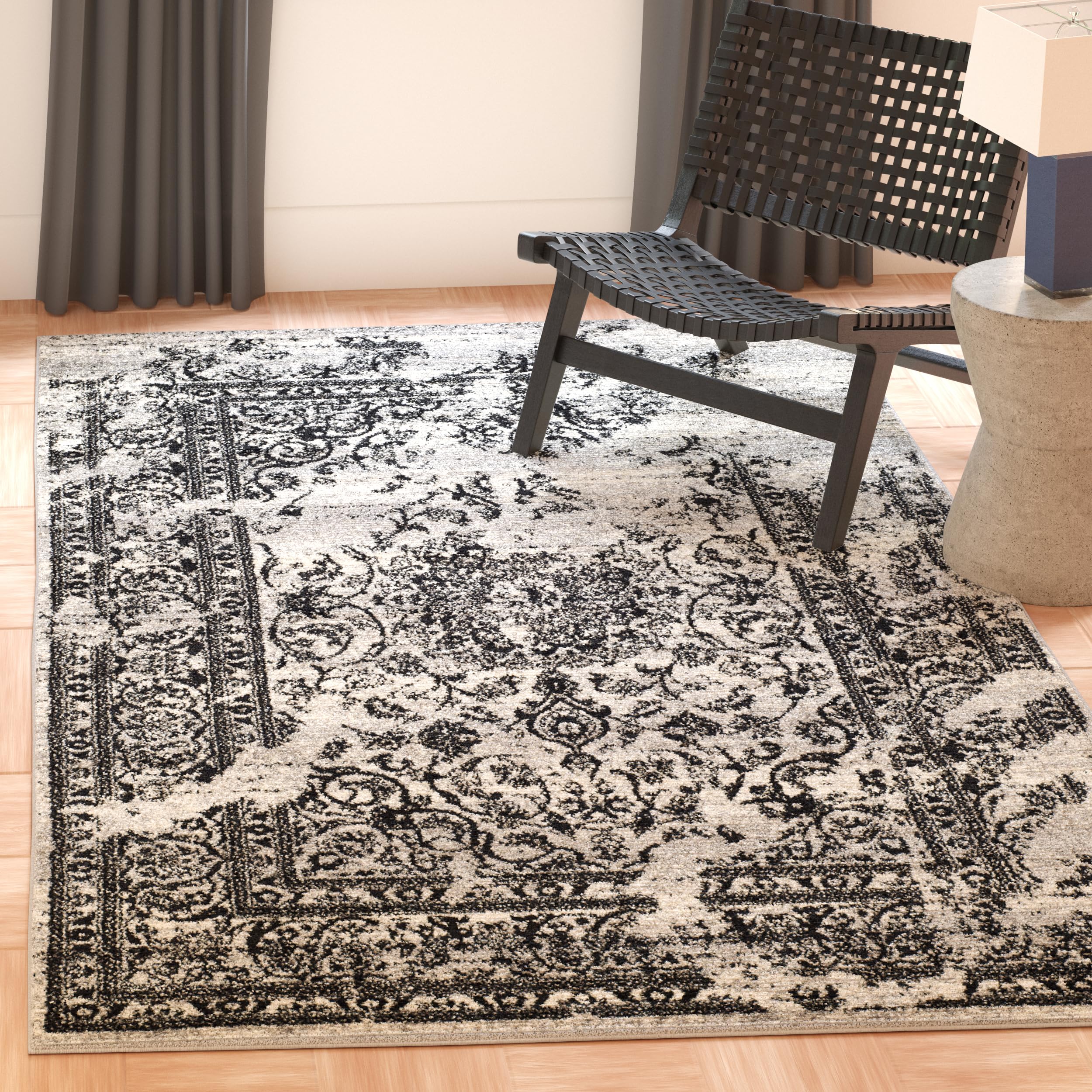 Safavieh Distressed Indoor Woven Rectangle Area Rug, Adirondack Collection, ADR101, in Silver / Black, 91 X 152 cm for Living Room, Bedroom or Any Indoor Space