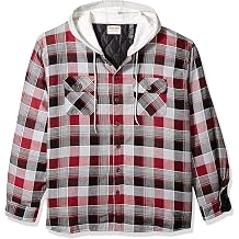 Long Sleeve Quilted Lined Flannel Shirt Jacket With Hood, Biking Red, Large