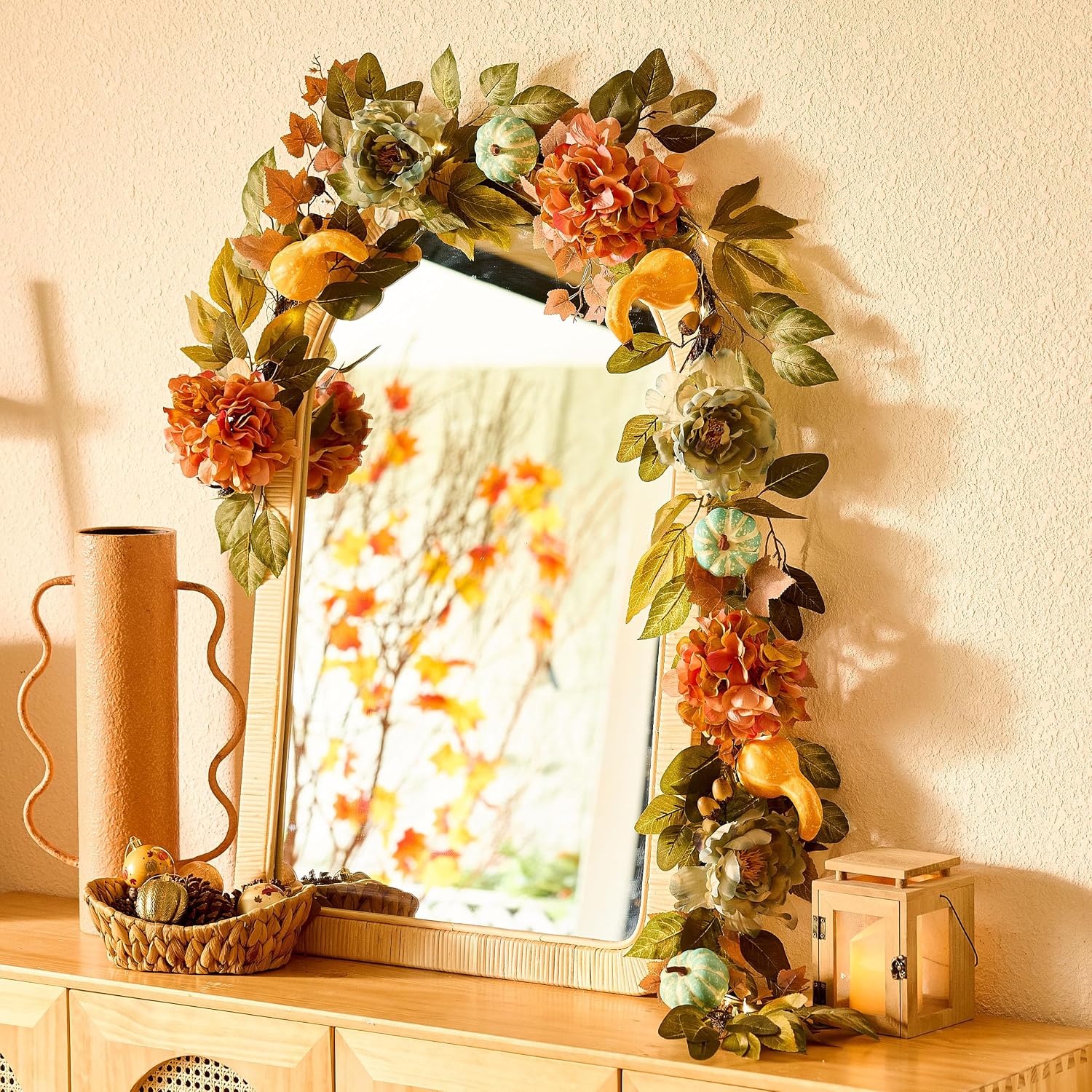 DecorbyHannah Thanksgiving Garland with Lights for Mantle, 6 Ft Artificial Fall Autumn Floral Garland with Peony Hydrangea and Pumpkins for Harvest Indoor Outdoor Decorations Table Centerpiece