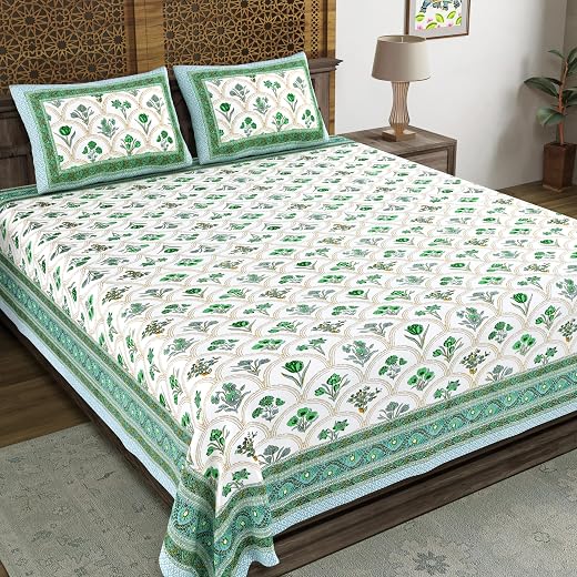 BLOCKS OF INDIA Hand Block Printed 200 TC Cotton King Size Bedsheet (Green Rose)