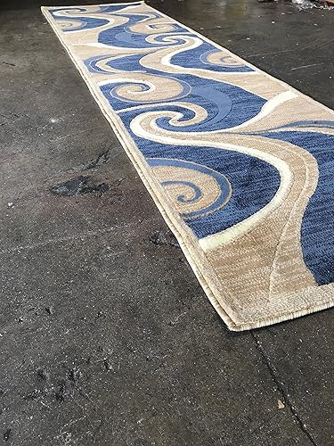 Miniatura 7 de Americana Alfombra moderna de pasillo largo, color azul, beige, diseño de remolinos goldish 144 (32 pulgadas x 10 pies)