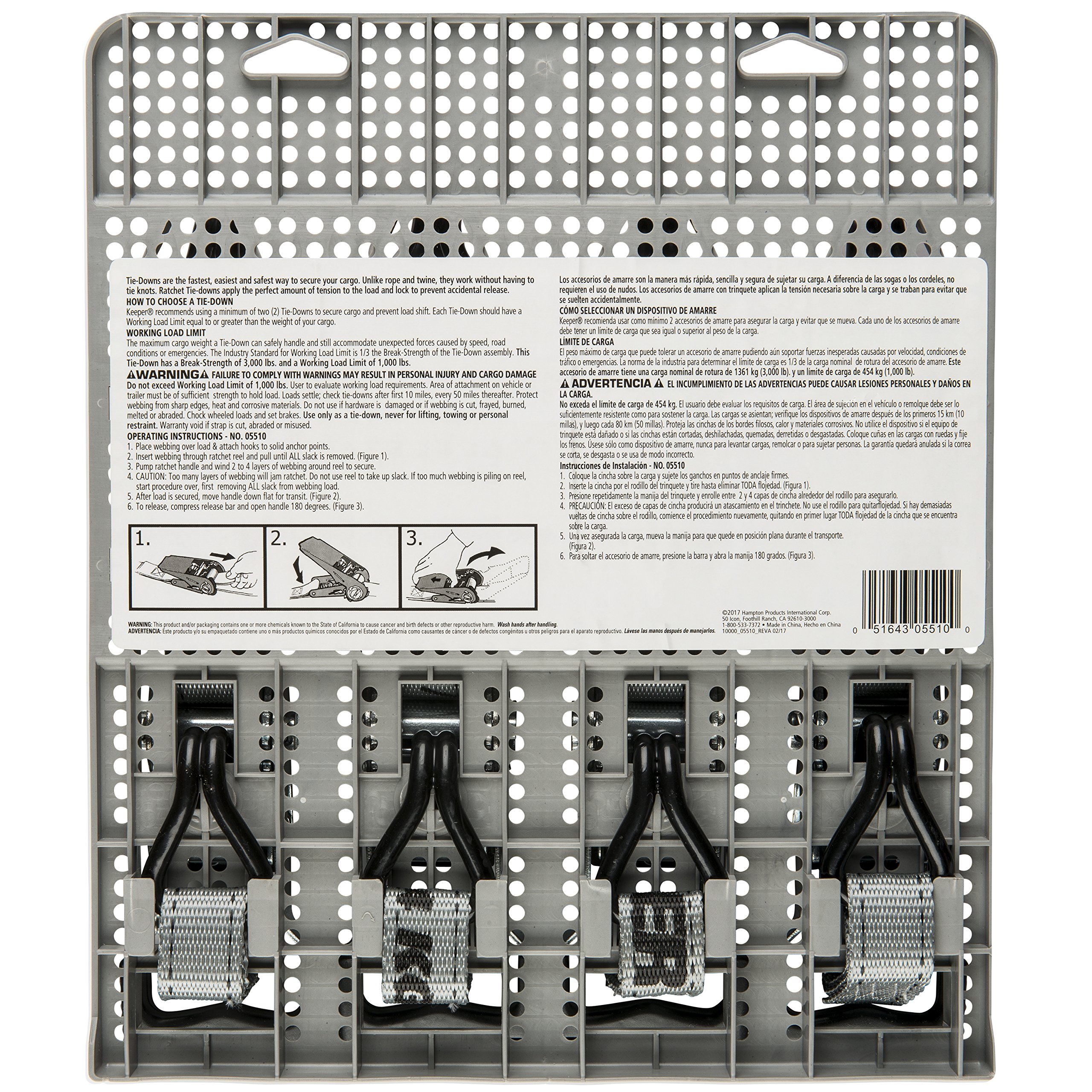 Keeper Hampton PROD Keeper – 1” x 12' High Tension Ratchet Tie-Down with Double J-Hooks, 4 Pack - 1,000 lbs. Working Load Limit and 3,000 lbs. Break Strength