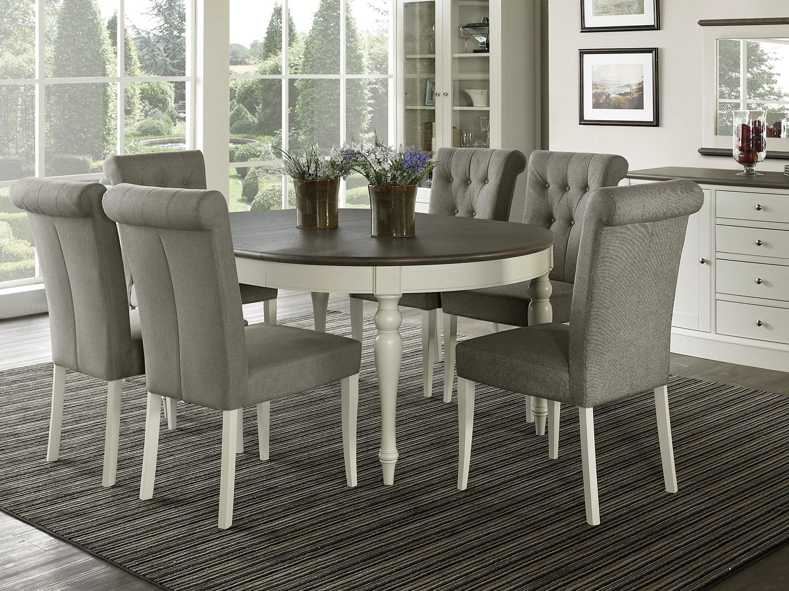 Everhome Designs - Vegas 7 Piece Round To Oval Extension Dining Table Set for 6 (Parsons Chairs)
