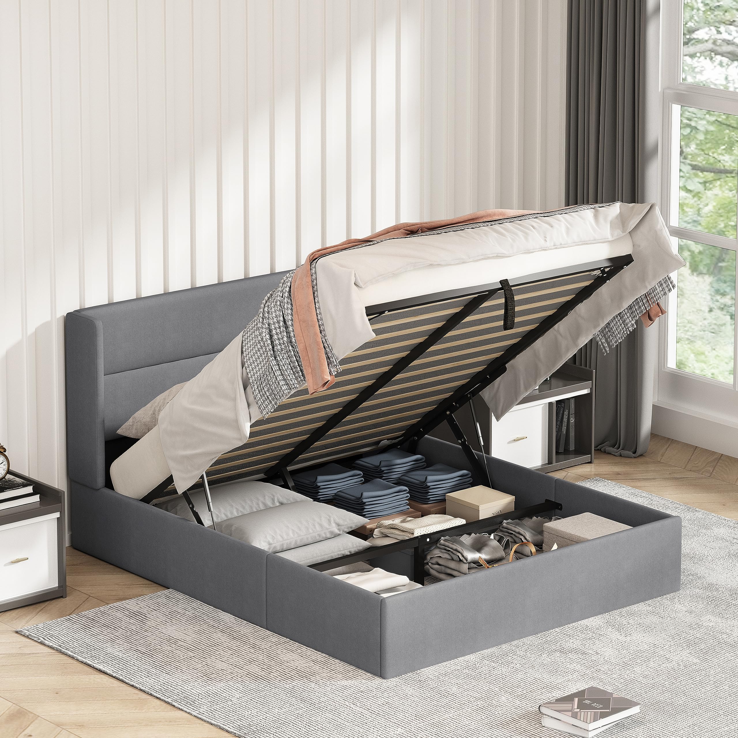 QNZK Queen Size Gas Lift Up Storage Bed, Upholstered Platform Bed Frame with Hydraulic Storage, Linen Fabric Wingback Headboard, Noiseless Wooden Slat Support, No Box Spring Needed, Light Grey