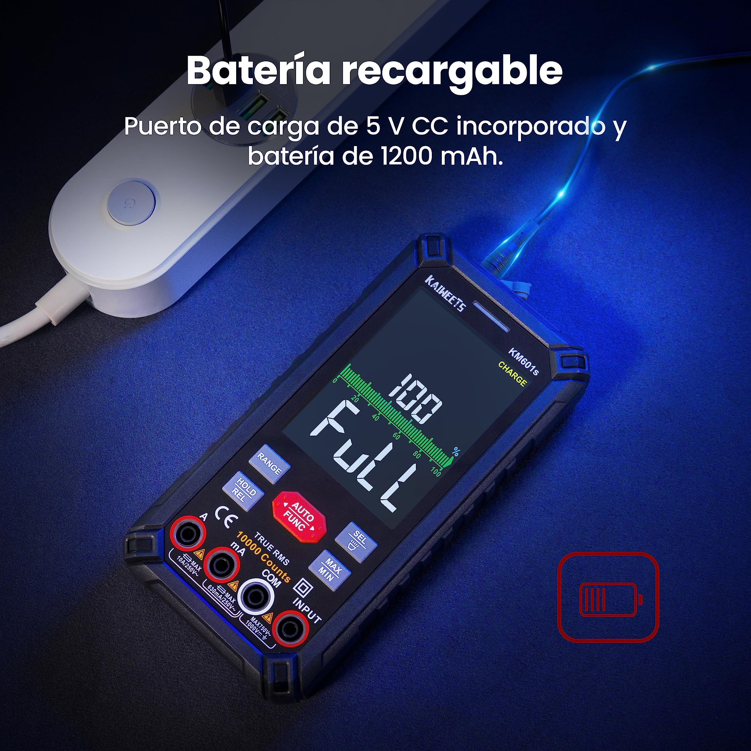 KAIWEETS Multímetro Inteligente Recargable 10000 Conteos, Polimetro Digital Profesional, Mide Corriente Voltaje Resistencia Continuidad Capacitancia Diodo Frecuencia-KM601s