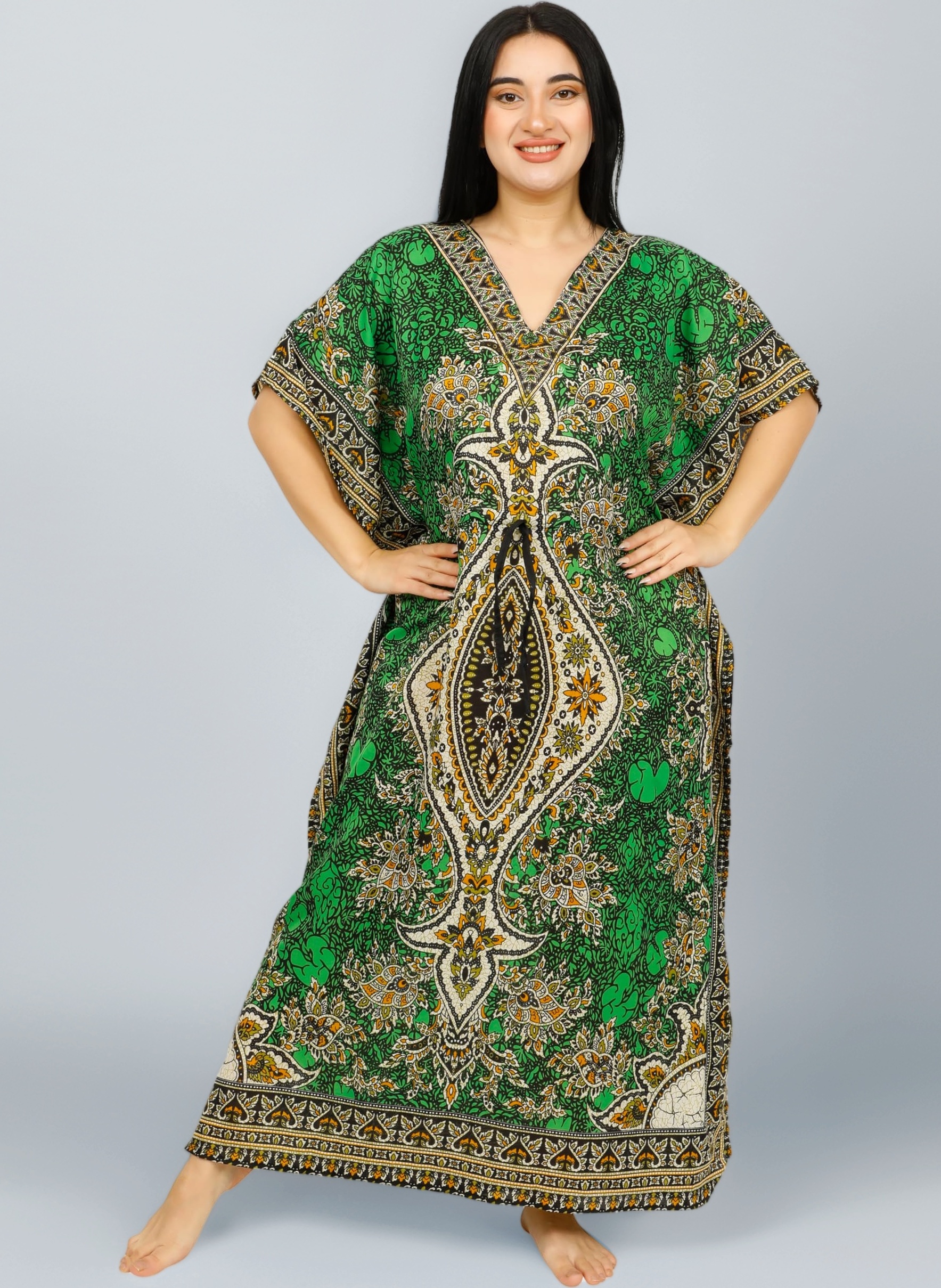 Women Kaftan Tunic Kimono Long Maxi Party Dress for Loungewear Holidays Nightwear Beach Cover Up Caftans Free Size (Green)