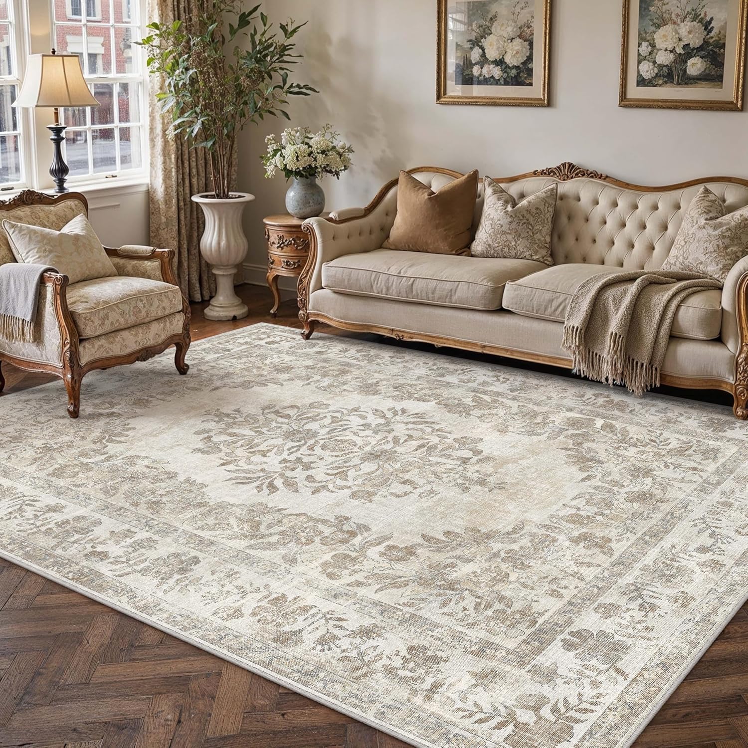 5x7 Area Rug Beige Washable Vintage Distressed Living Room Carpet Large Bedroom Indoor Medallion Floral Non Slip Retro Throw Floor Mat for Office Dining Room Kitchen Bathroom