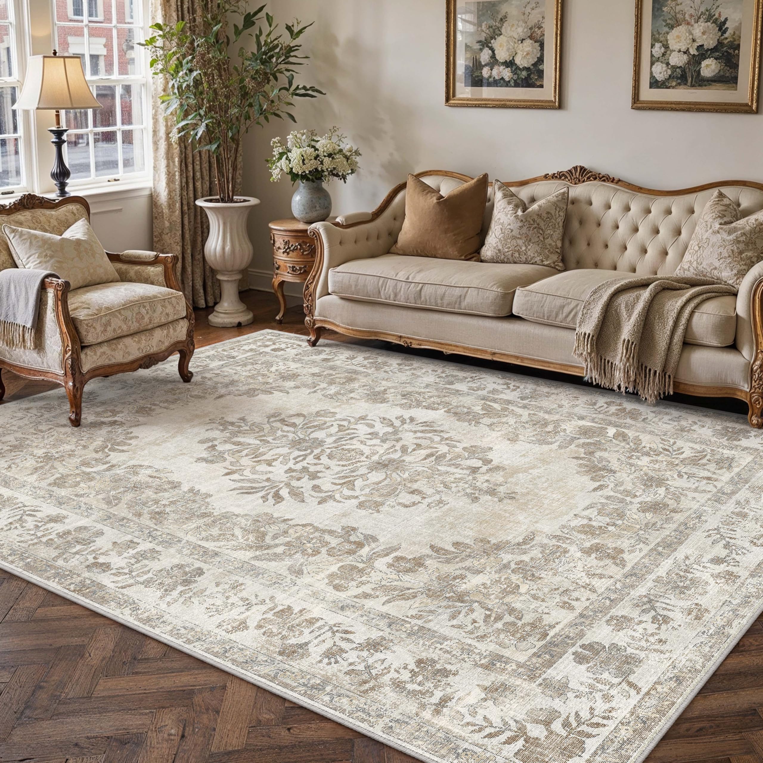 PureCozy 5x7 Area Rug Beige Washable Vintage Distressed Living Room Carpet Large Bedroom Indoor Medallion Floral Non Slip Retro Throw Floor Mat for