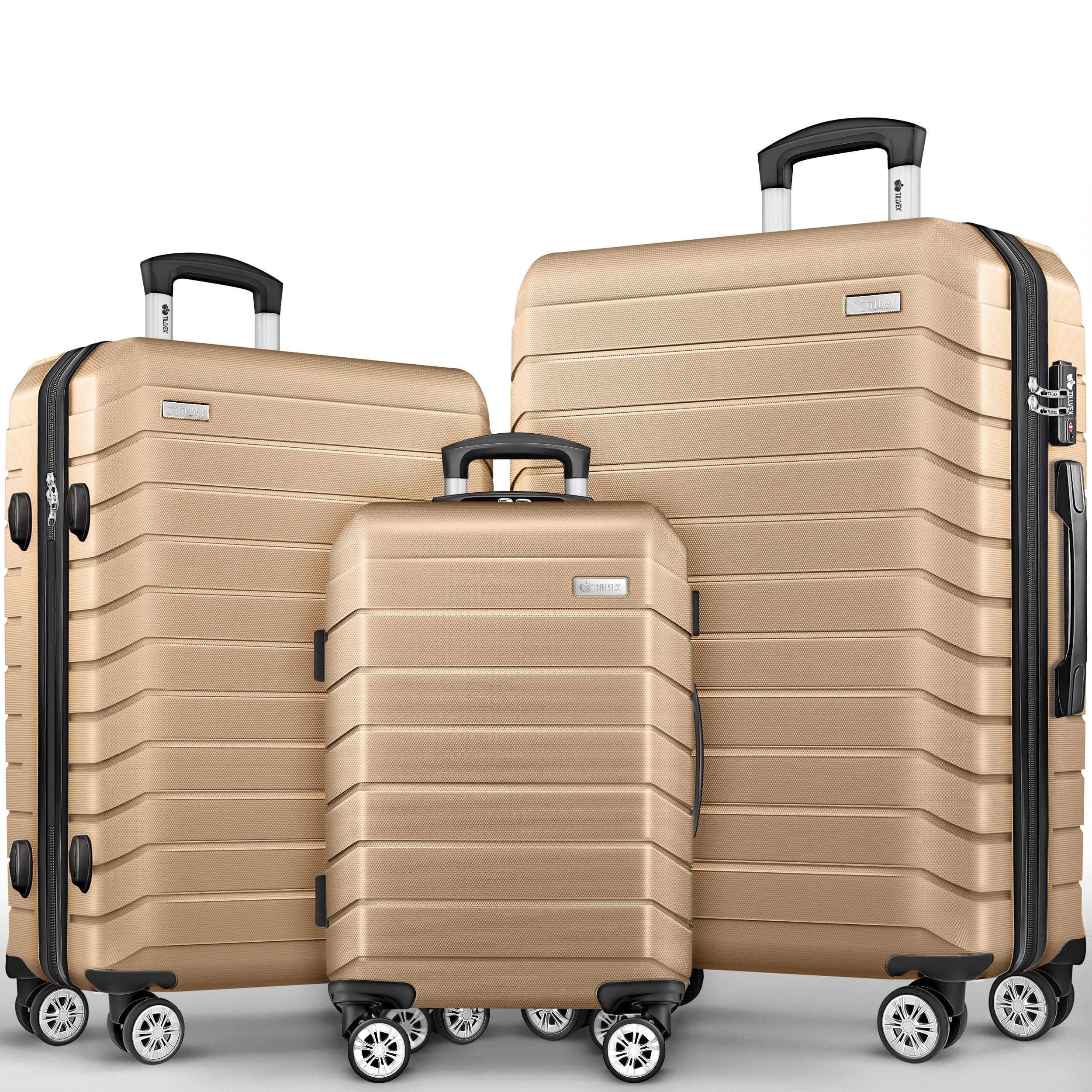 tillvex® Reisekoffer Set 3-TLG. + Gepäckwaage, 6X Koffergurte & 3X Kofferanhänger | Kofferset 4 Rollen | Trolley Gepäck Koffer TSA Schloss | Rollkoffer Hartschalenkofferset M-L-XL (Champagner)