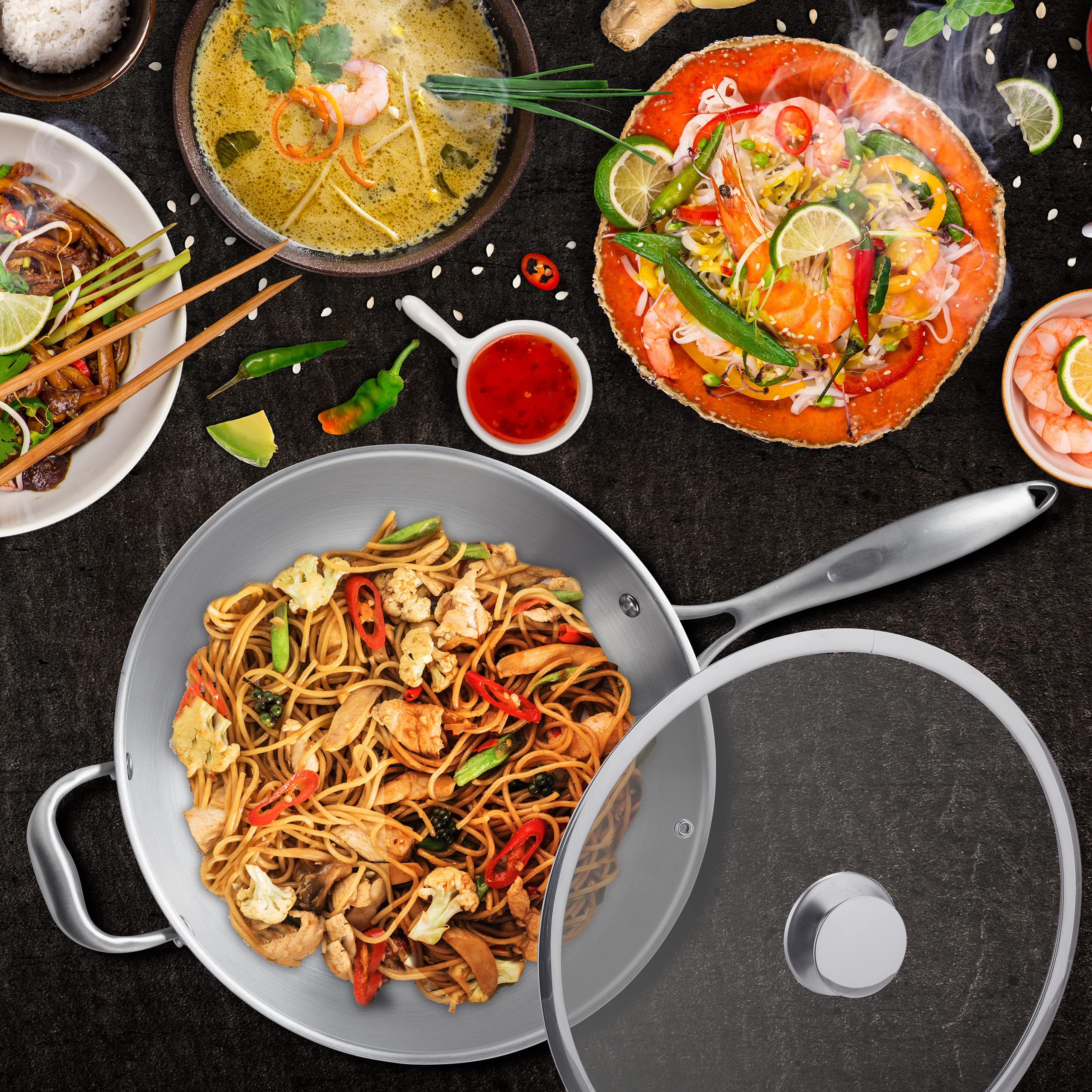 Relaxdays Padella Wok, Ø 32 cm, Acciaio Inox Non Rivestito, Coperchio Vetro, per Fornello Elettrico e Induzione, Argento