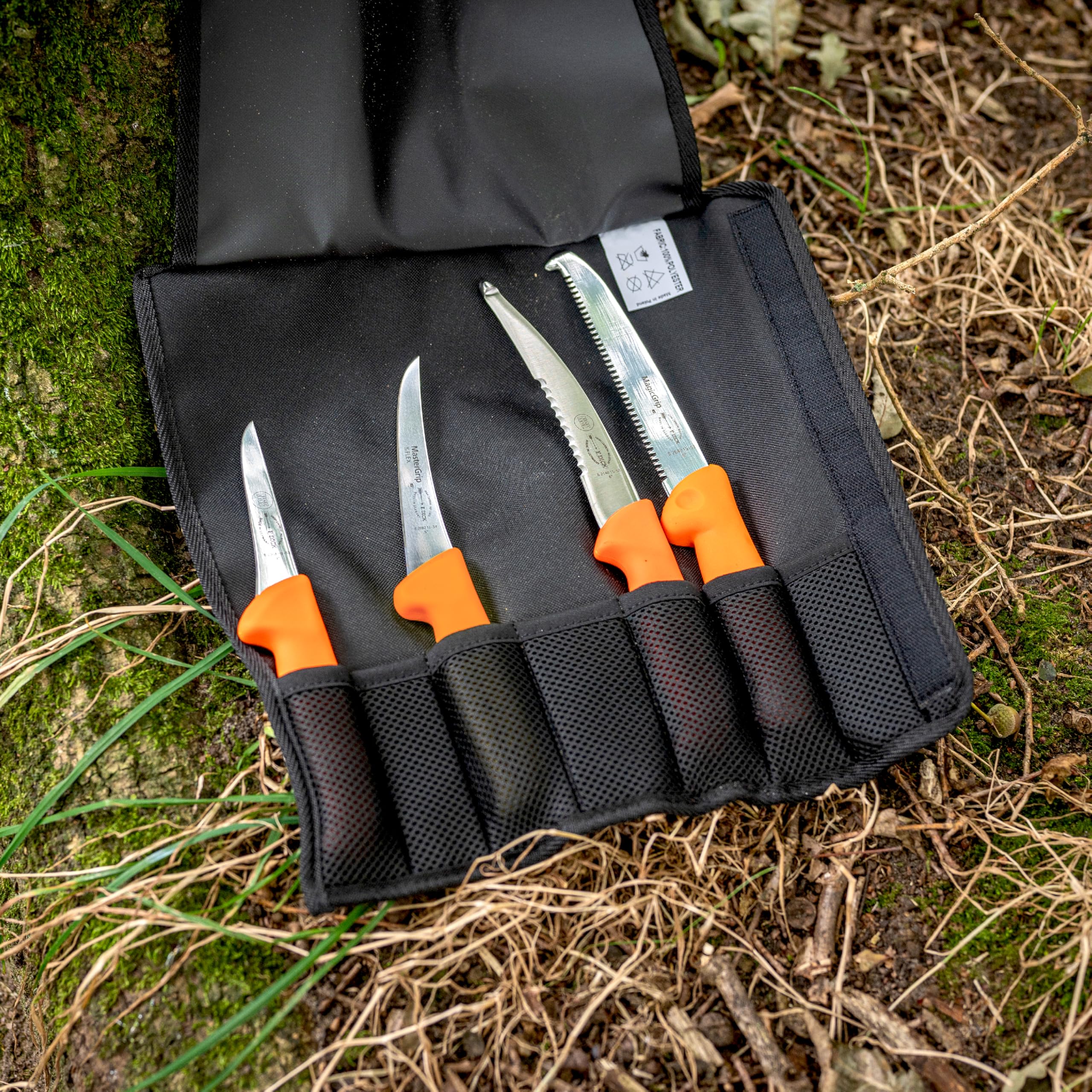 DICK Textil-Rolltasche "Jagd" 4-tlg. (Maße 34,50 x 35,50 x 6 cm, mit Aufbrechmesser, Ringelmesser, Ausbeinmesser und Jagdknochensäge, Farbe Orange, Jagdmesserset) 82061000