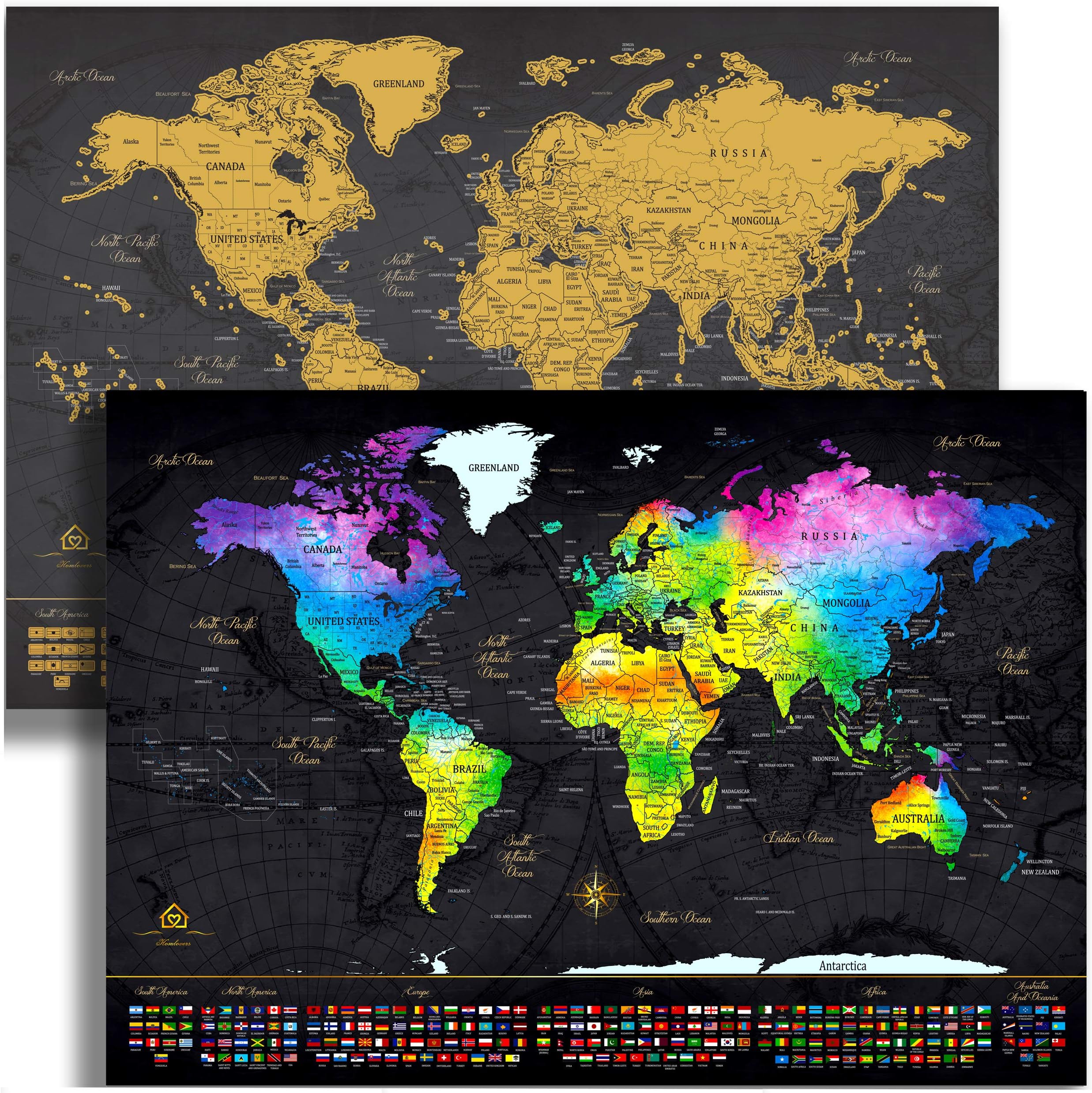 World Map Scratch Off Map of the World (24x17) - Unique Gift with Pull Flower Ribbon bonus - Gold & Watercolor Travel Scratch Off World Map Poster - Fun & Educational Keepsake to Celebrate Travels!